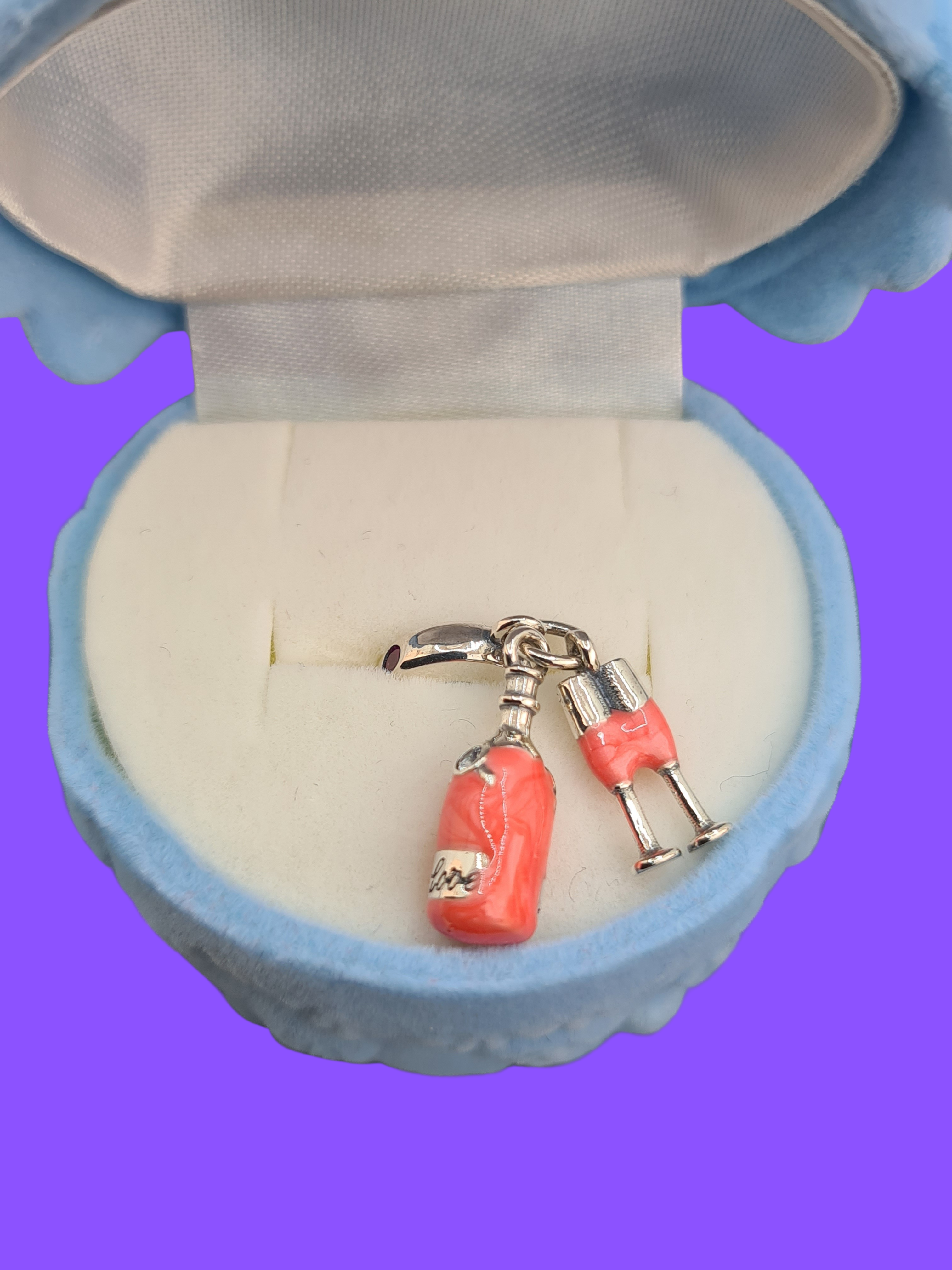 925 Sterling Silver Prosecco Glasses & Bottle Charm Set with Owl Presentation Box