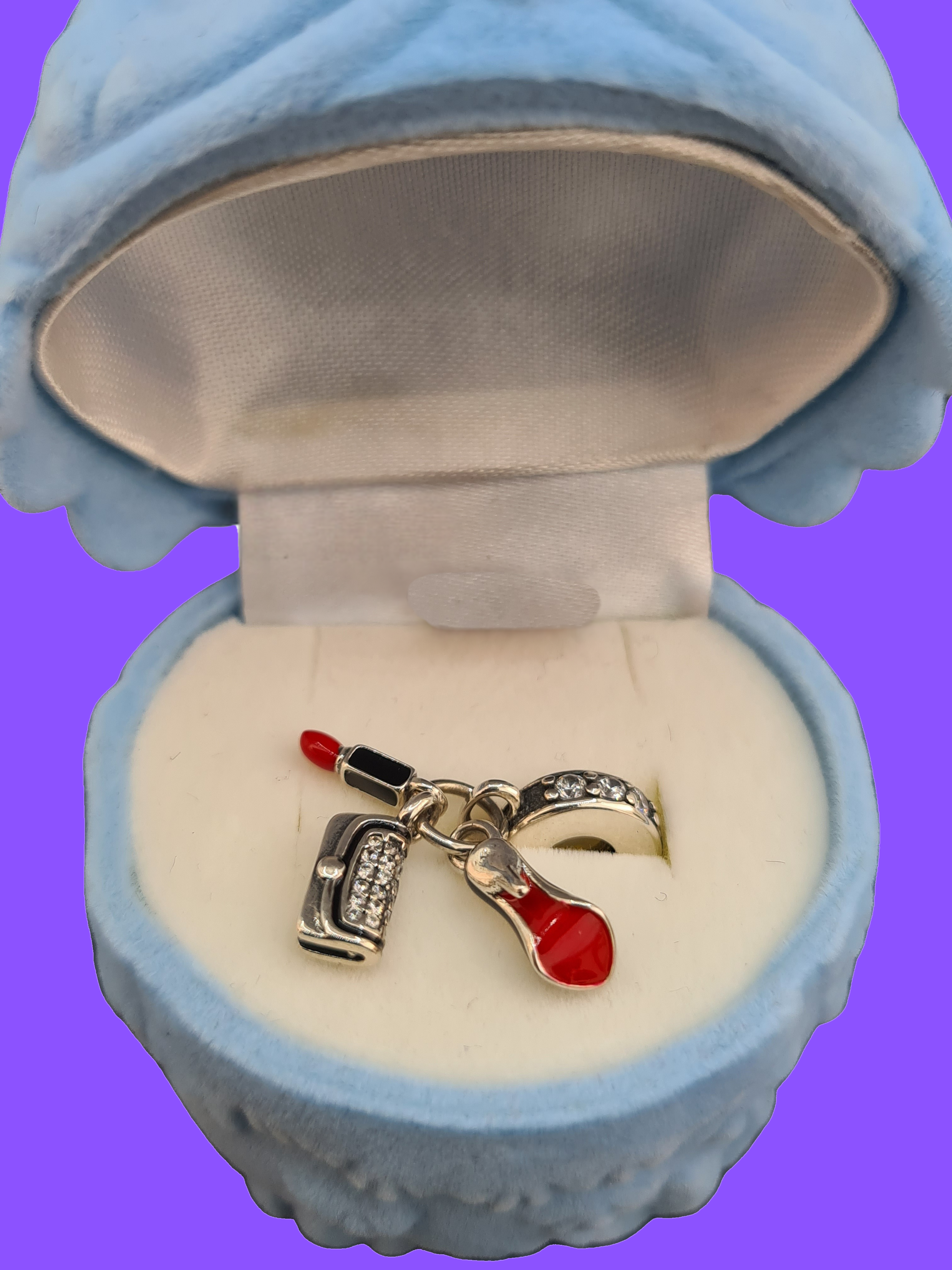 925 Sterling Silver Stiletto, Lipstick & Clutch Bag Charm Set with Owl Presentation Box  