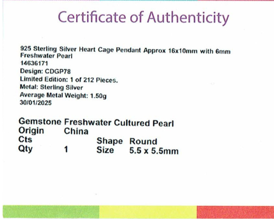 925 Sterling Silver Heart Cage Pendant with 6mm Freshwater Pearl Necklace – 45cm Chain with Sterling Silver Clasp  