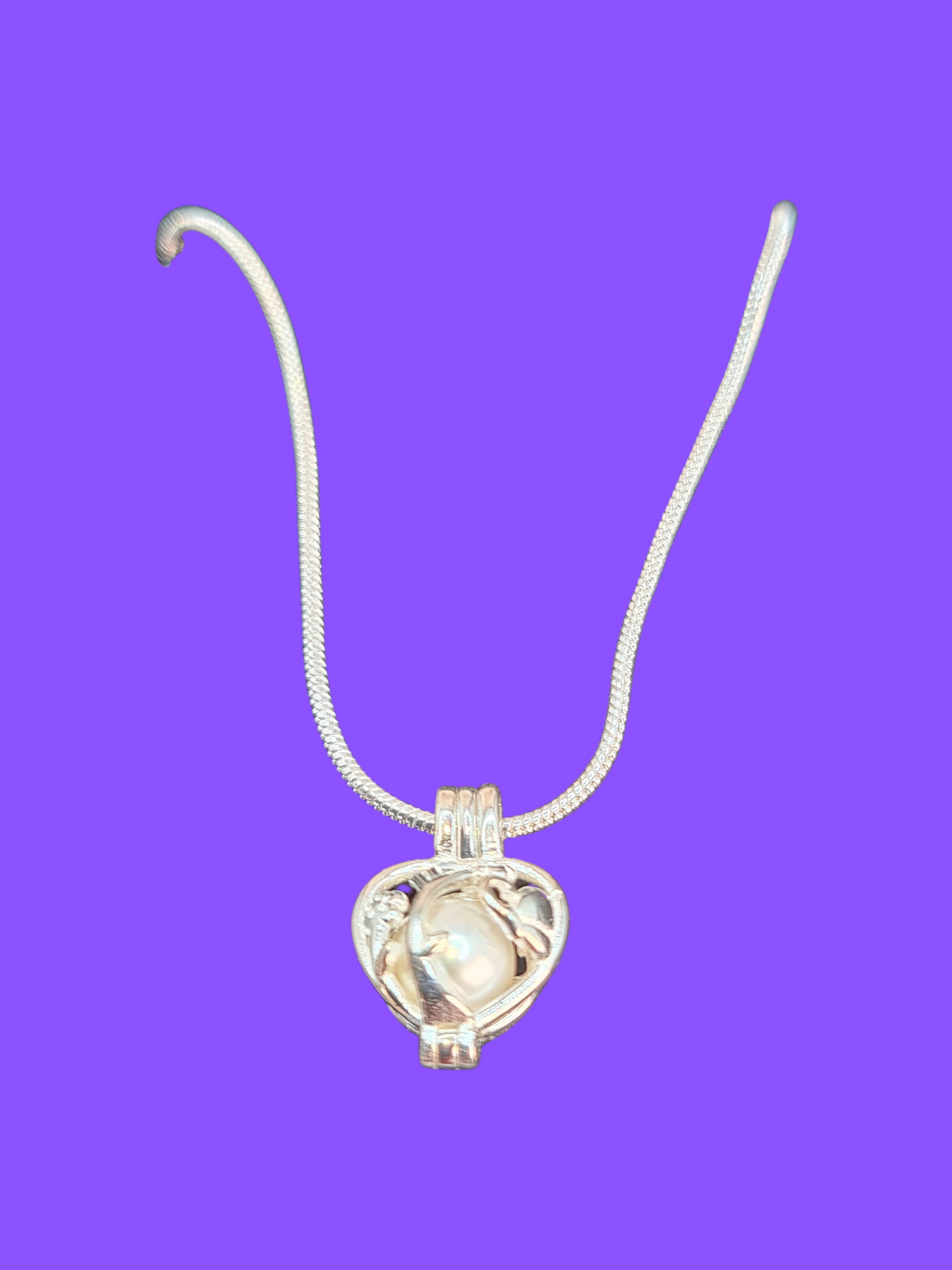 925 Sterling Silver Heart Cage Pendant with 6mm Freshwater Pearl Necklace – 45cm Chain with Sterling Silver Clasp
