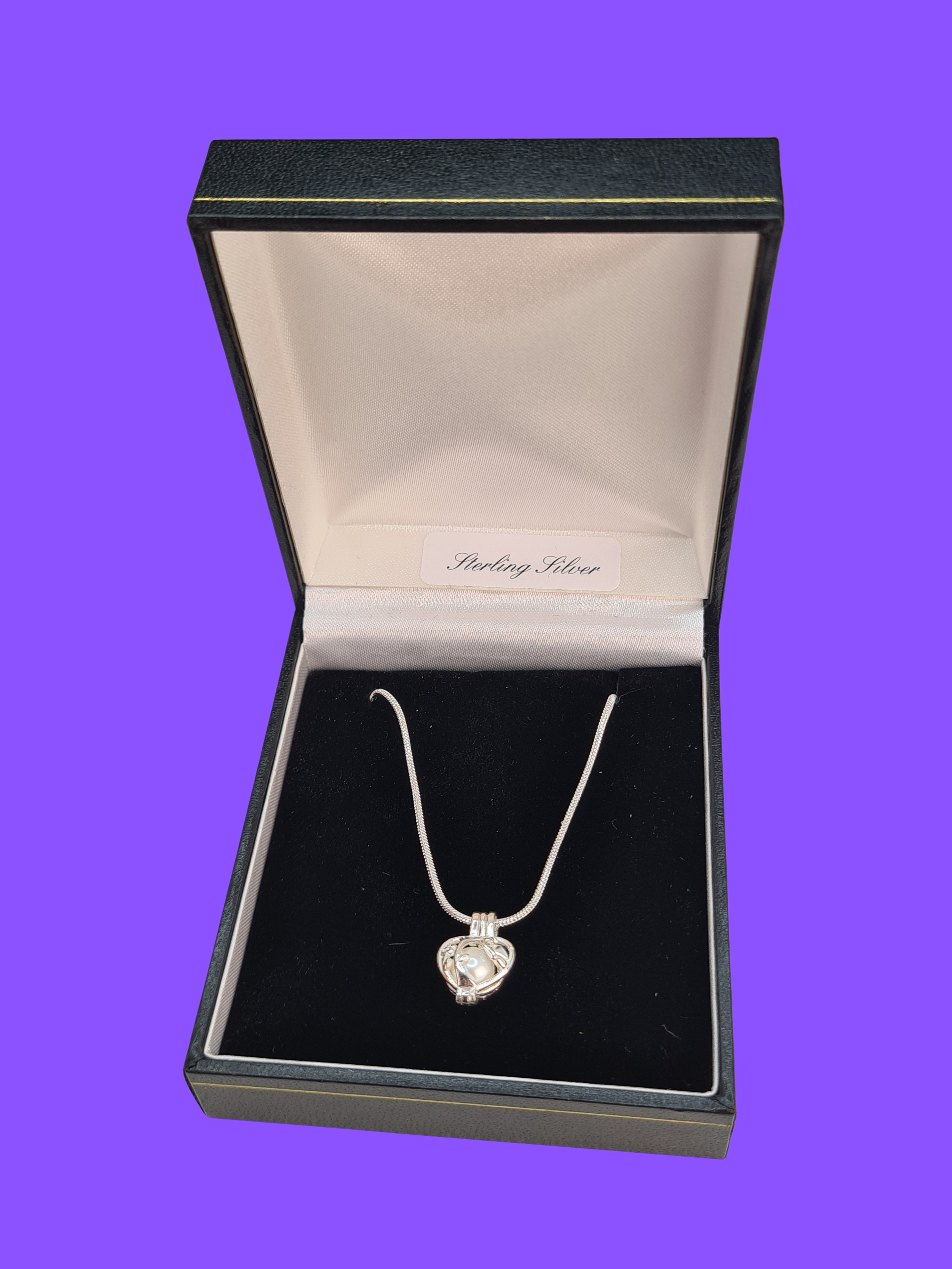 925 Sterling Silver Heart Cage Pendant with 6mm Freshwater Pearl Necklace – 45cm Chain with Sterling Silver Clasp  