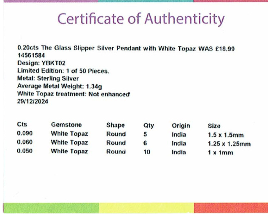 925 Sterling Silver Glass Slipper Pendant Necklace – 45cm Chain with Sterling Silver Clasp  