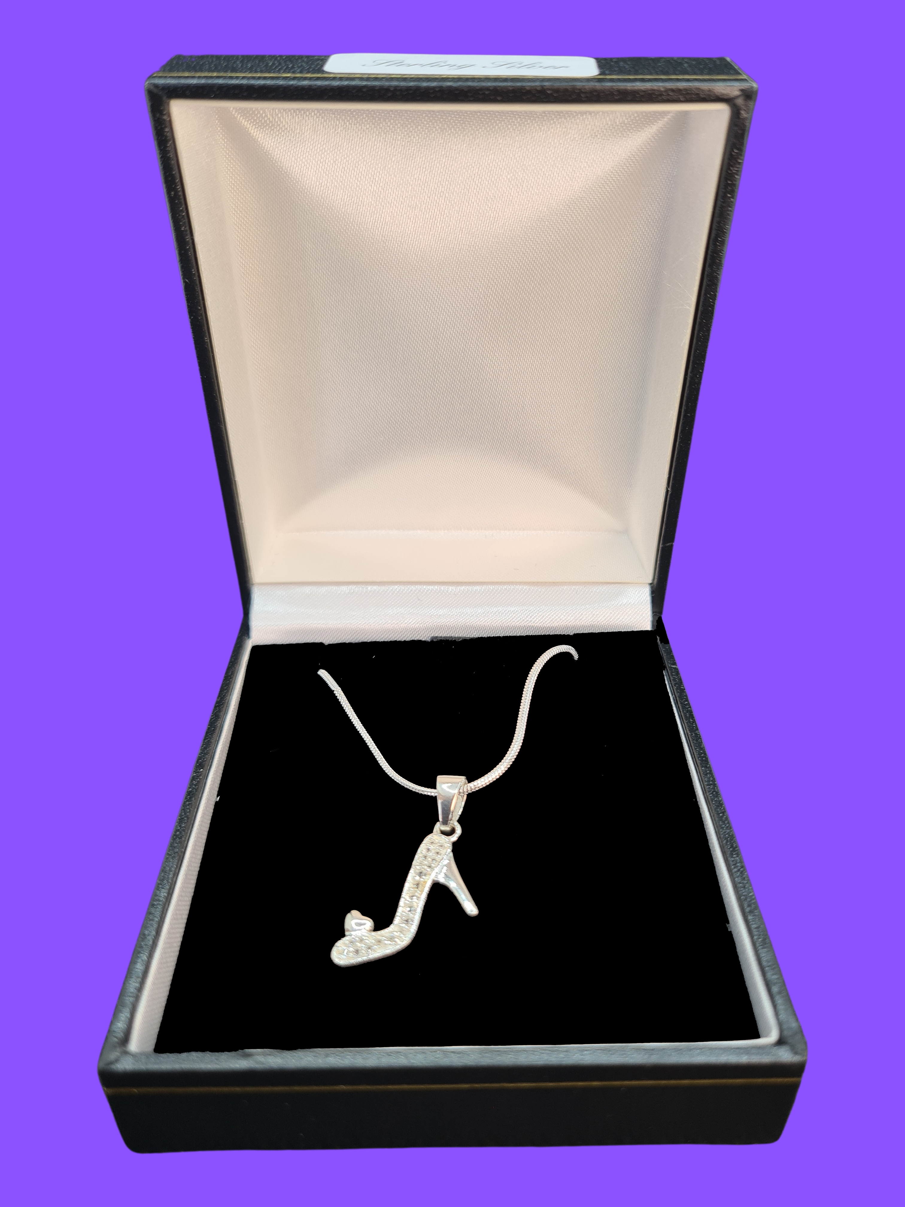925 Sterling Silver Glass Slipper Pendant Necklace – 45cm Chain with Sterling Silver Clasp  