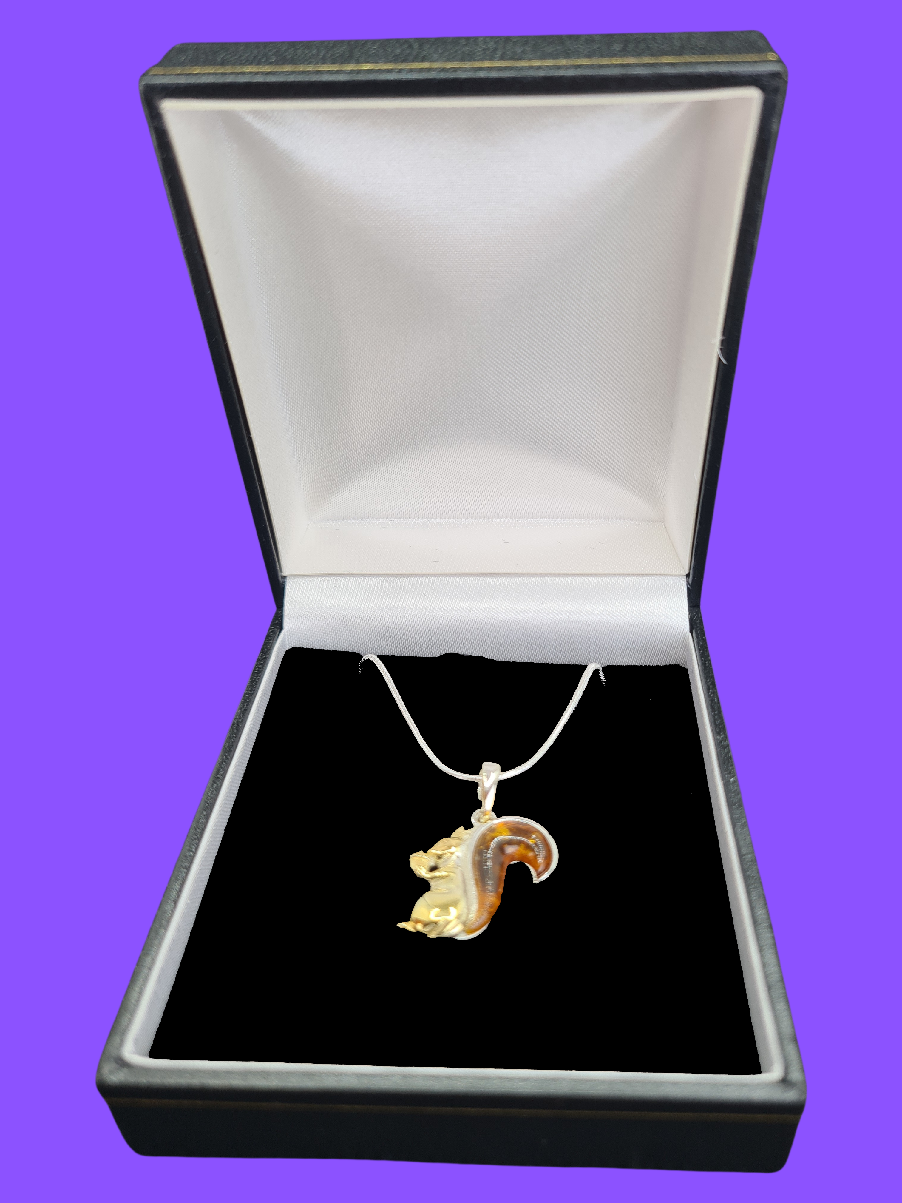 925 Sterling Silver Squirrel Pendant Necklace with a Gemstone Baltic Cognac Amber Tail – 45cm Chain with Sterling Silver Clasp 