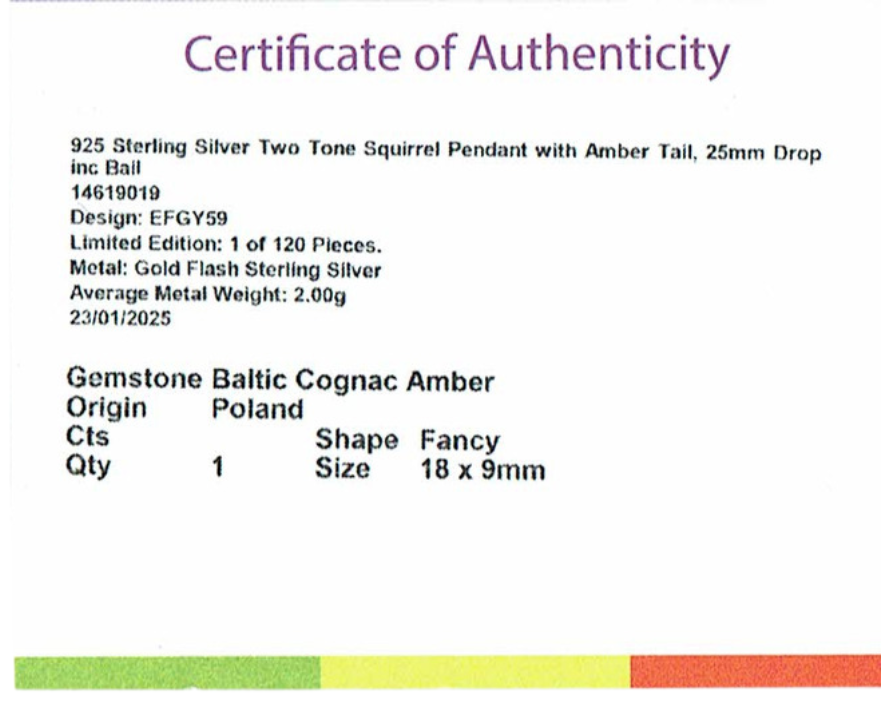 925 Sterling Silver Squirrel Pendant Necklace with a Gemstone Baltic Cognac Amber Tail – 45cm Chain with Sterling Silver Clasp 