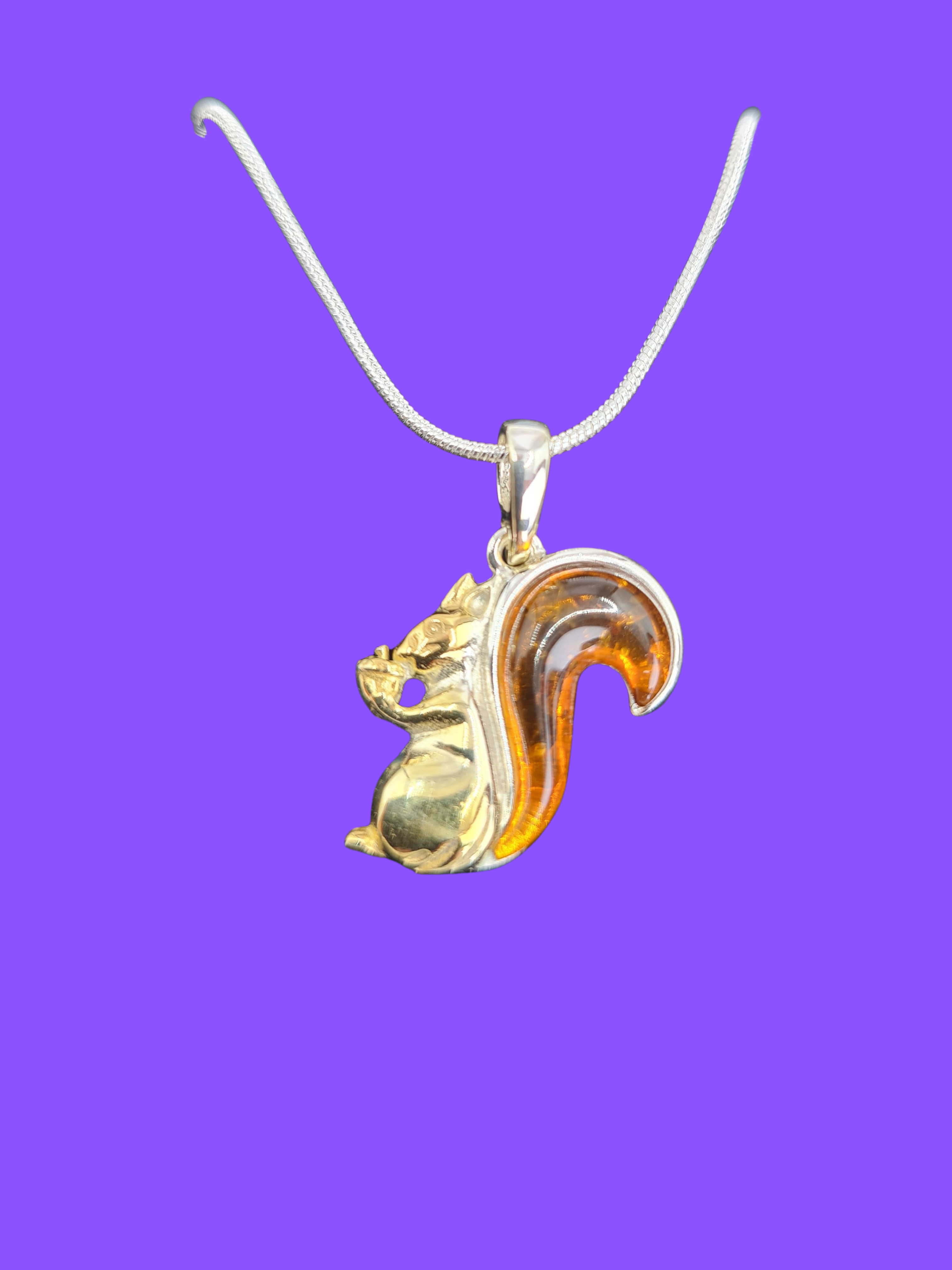925 Sterling Silver Squirrel Pendant Necklace with a Gemstone Baltic Cognac Amber Tail – 45cm Chain with Sterling Silver Clasp