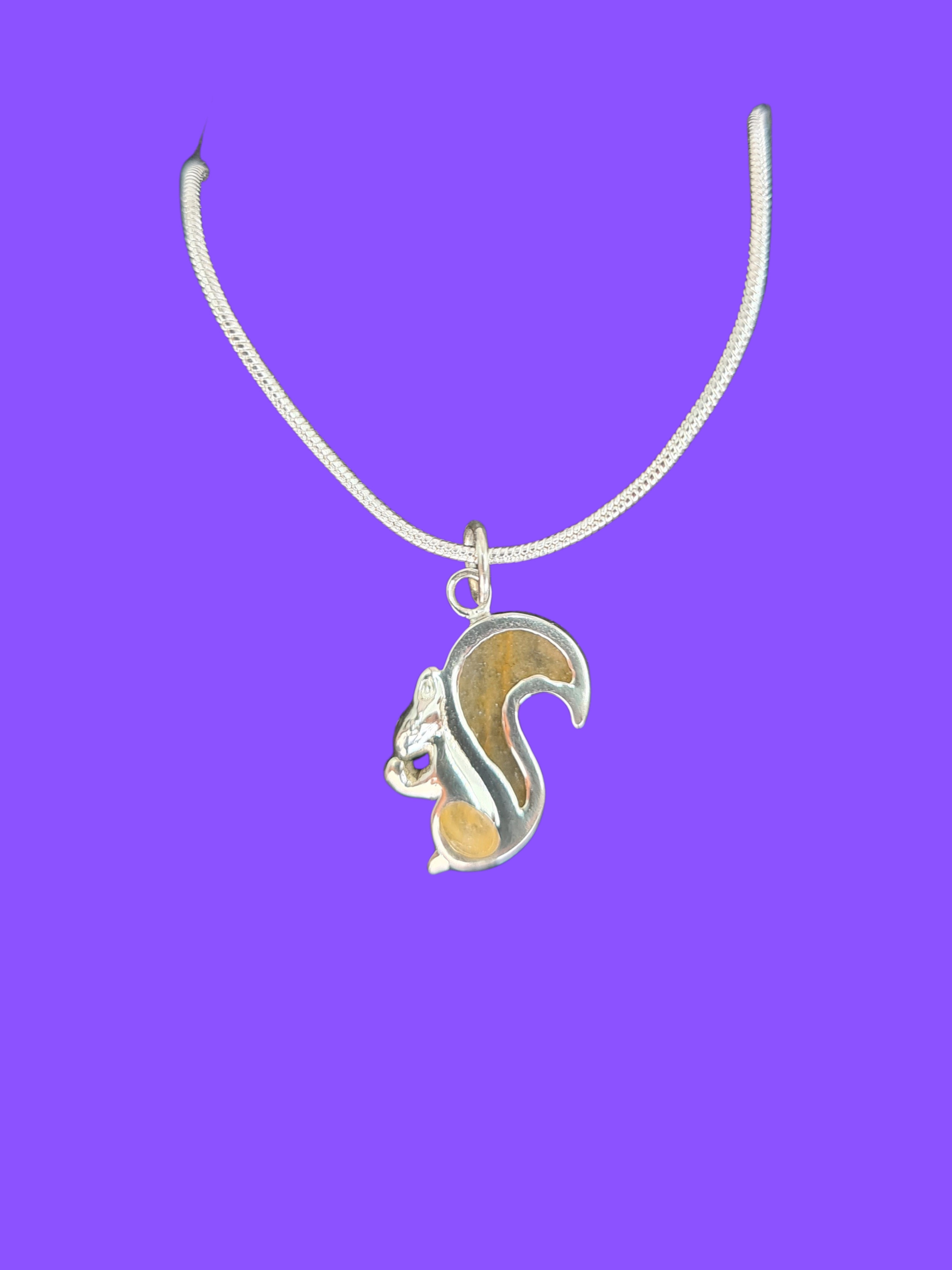 925 Sterling Silver Squirrel Pendant Necklace with Yellow Aventurine Tail – 45cm Chain with Sterling Silver Clasp