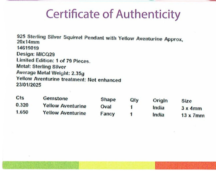 925 Sterling Silver Squirrel Pendant Necklace with Yellow Aventurine Tail – 45cm Chain with Sterling Silver Clasp  