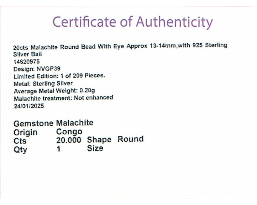 925 Sterling Silver Necklace with 20ct Malachite Round Bead Pendant – 45cm Chain with Sterling Silver Clasp  