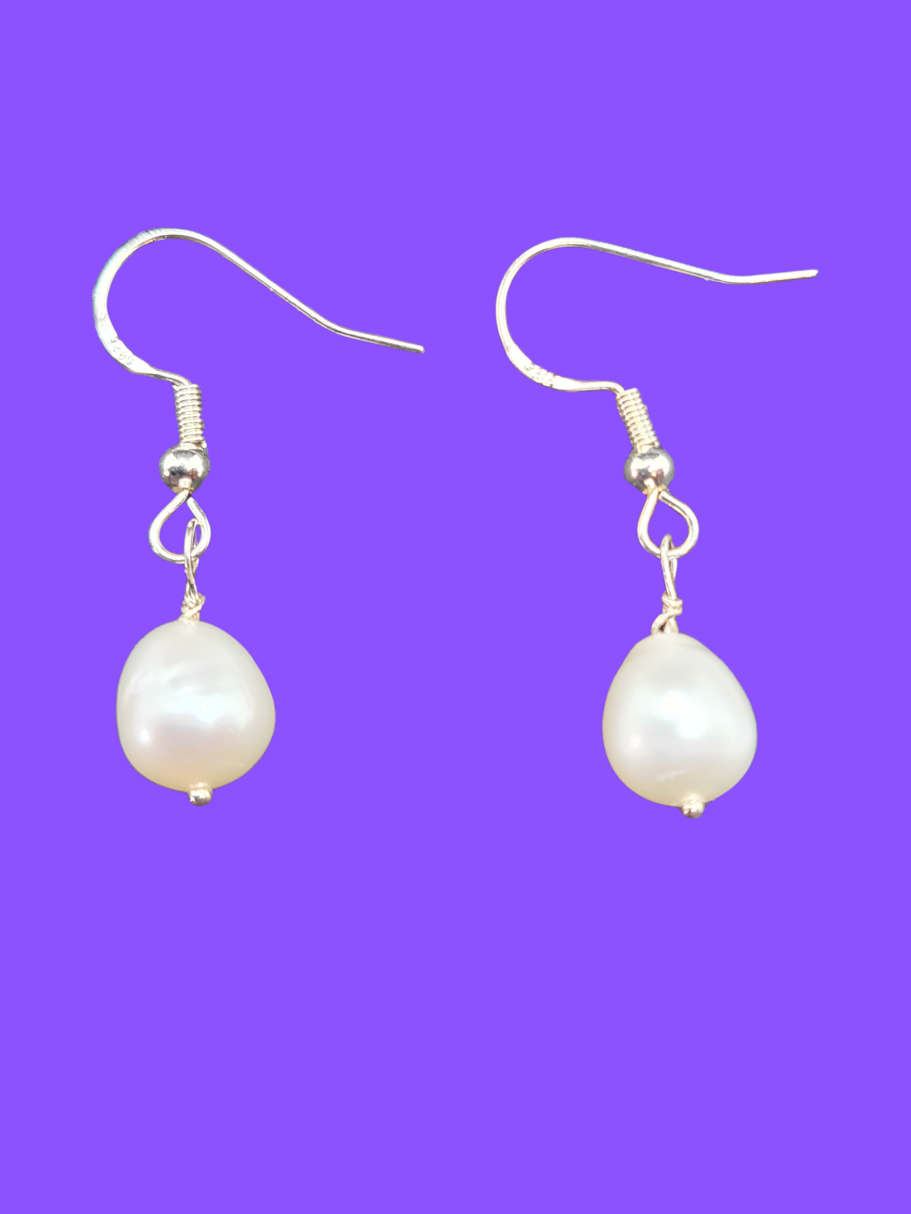White Freshwater Rice Pearl Earrings – 925 Sterling Silver Hooks