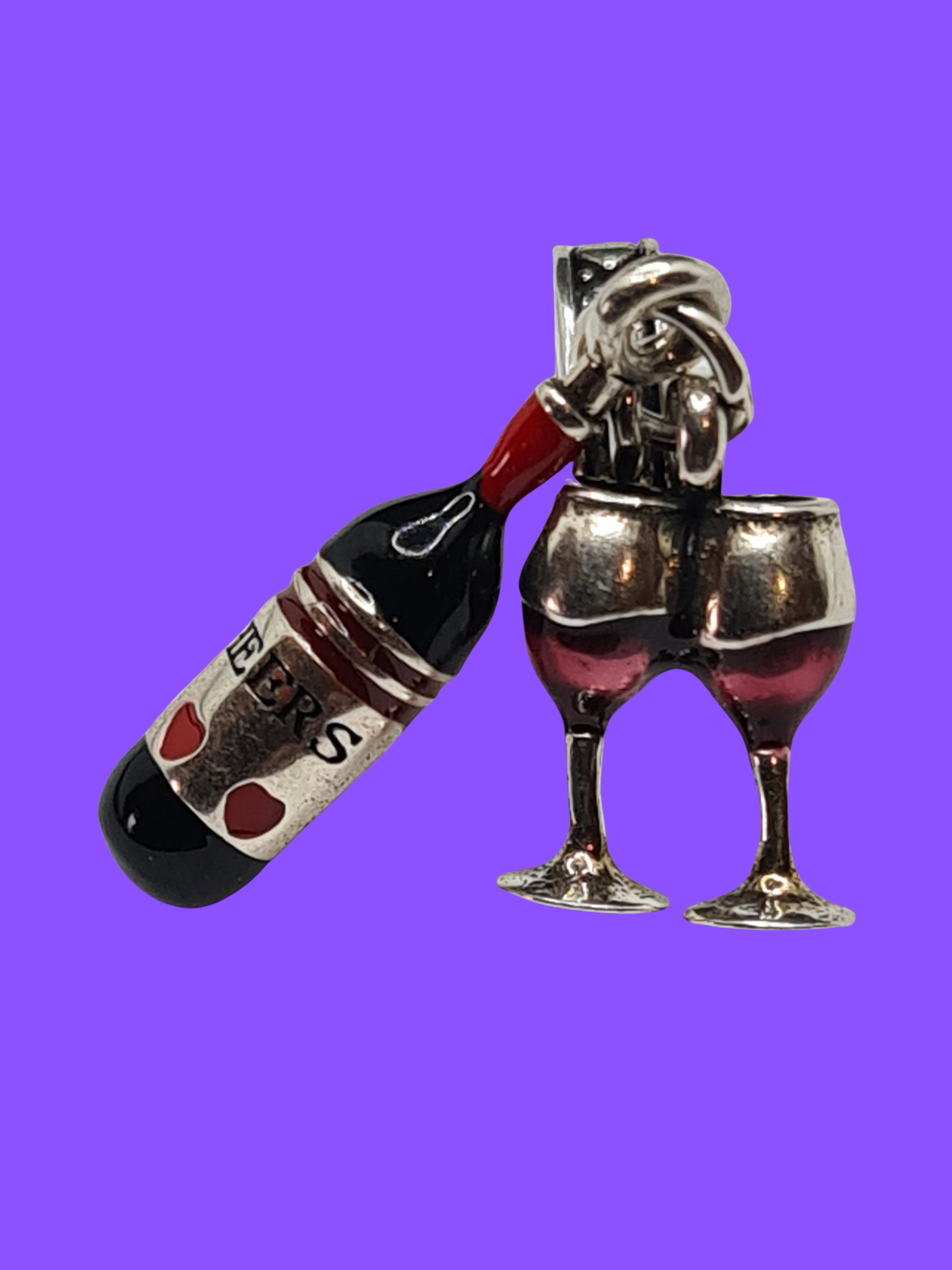 Wine Bottle and Two Glasses Charm – 925 Sterling Silver  