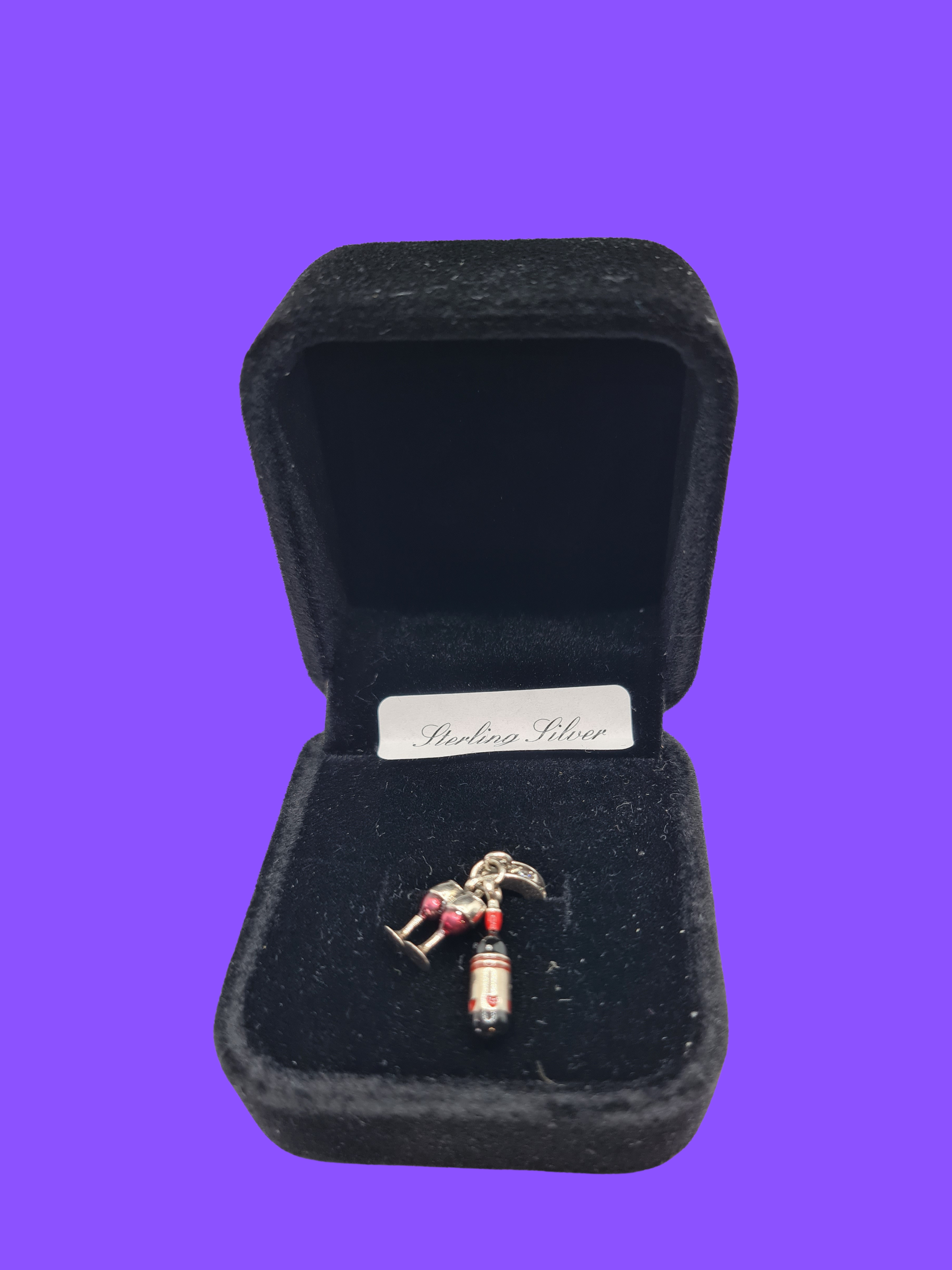 Wine Bottle and Two Glasses Charm – 925 Sterling Silver