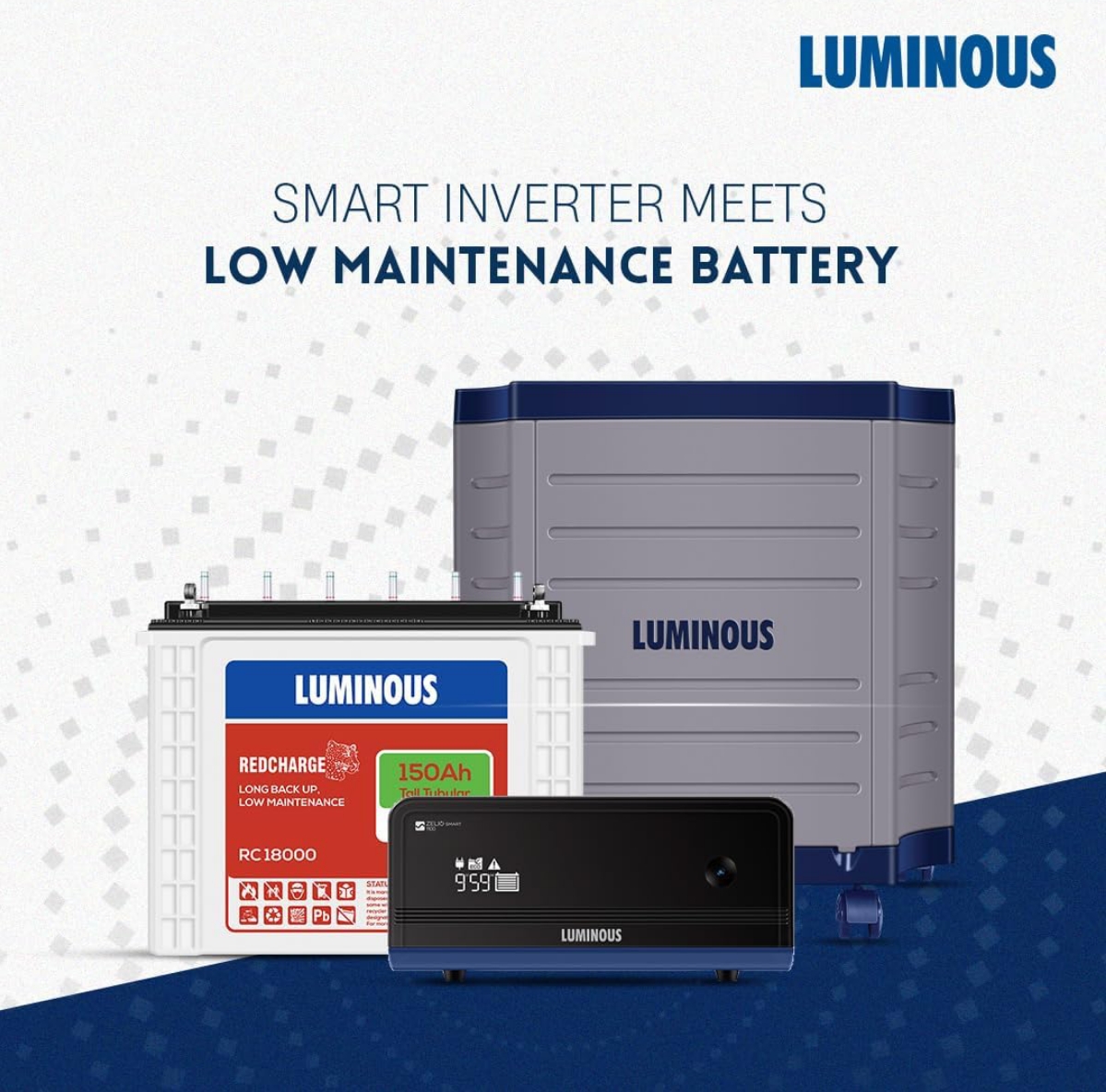 Luminous Inverter & Battery Combo with Trolley for Home, Shop & Office – Zelio+ 1100 (900VA/12V) Pure Sine Wave Inverter + RC18000 150Ah Tall Tubular Battery | 36M Warranty on Inverter & Battery