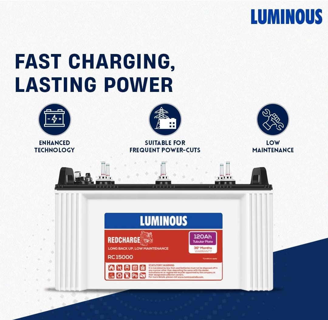 Luminous Inverter & Battery Combo (Eco Watt Neo 700 Square Wave 600VA/12V Inverter with Red Charge RC 15000ST Short Tubular 120Ah Battery) for Home, Office & Shops