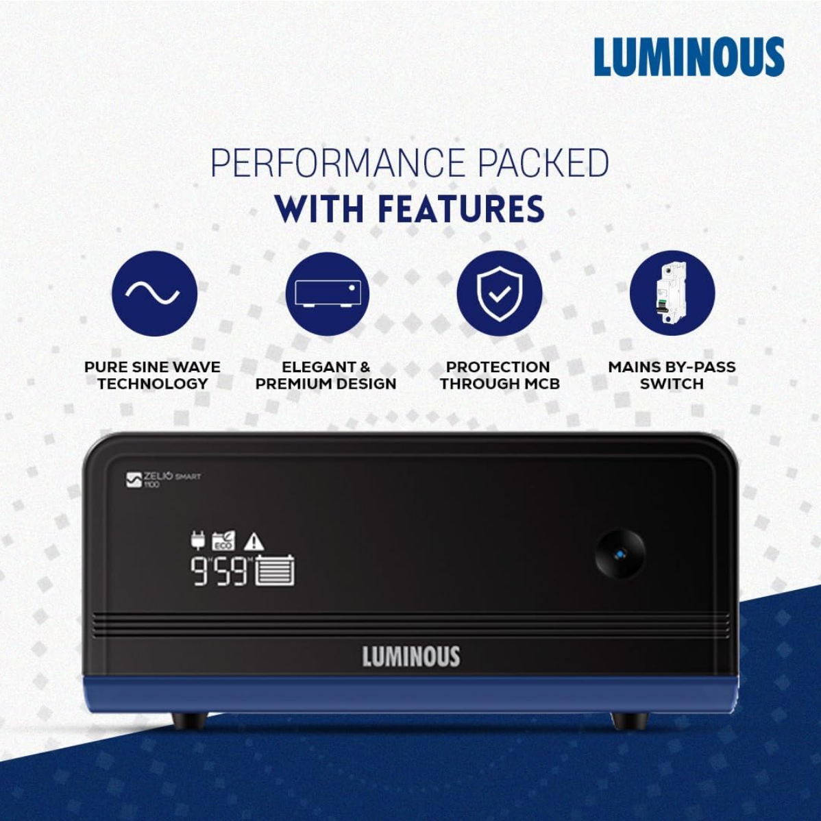 Luminous Inverter & Battery Combo with Trolley for Home, Shop & Office – Zelio+ 1100 (900VA/12V) Pure Sine Wave Inverter + RC18000 150Ah Tall Tubular Battery | 36M Warranty on Inverter & Battery