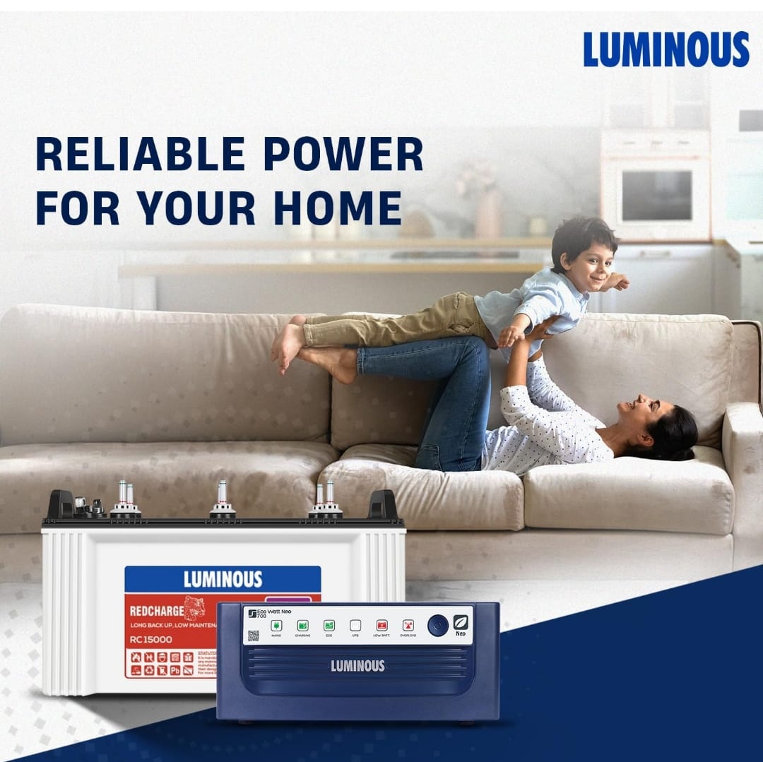 Luminous Inverter & Battery Combo (Eco Watt Neo 700 Square Wave 600VA/12V Inverter with Red Charge RC 15000ST Short Tubular 120Ah Battery) for Home, Office & Shops