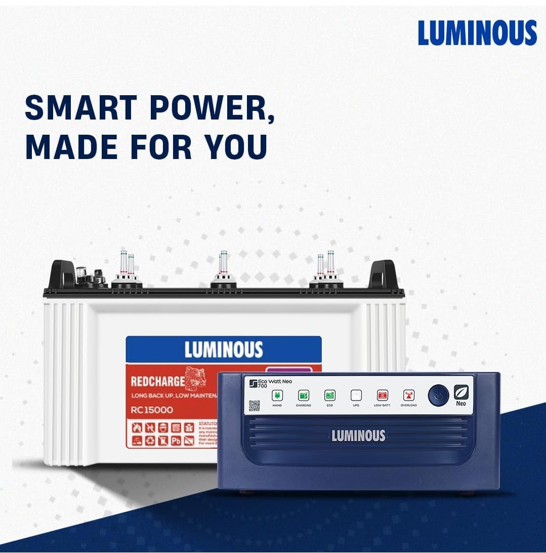 Luminous Inverter & Battery Combo (Eco Watt Neo 700 Square Wave 600VA/12V Inverter with Red Charge RC 15000ST Short Tubular 120Ah Battery) for Home, Office & Shops