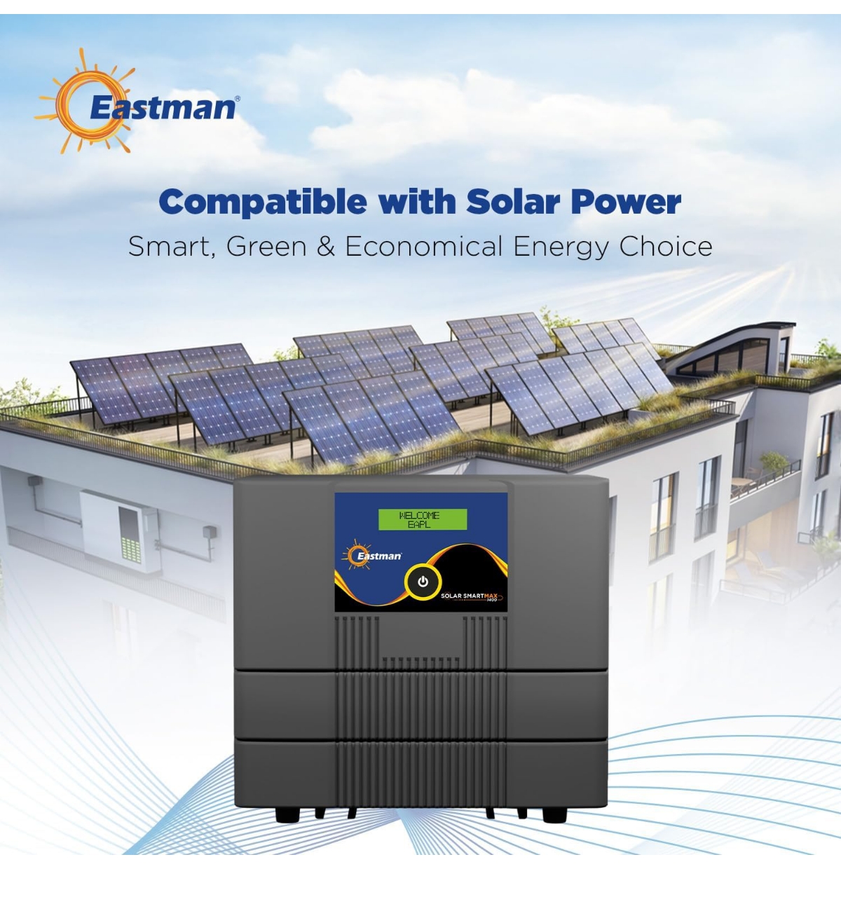Eastman Smart Max 1400 Pure Sinewave Solar Inverter 1000VA-12V Mppt | Reliable Power Backup for Home,Office & Shops | Intelligent, Hybrid & Solar | Warranty 60 Months on Product,10 Years Transformer