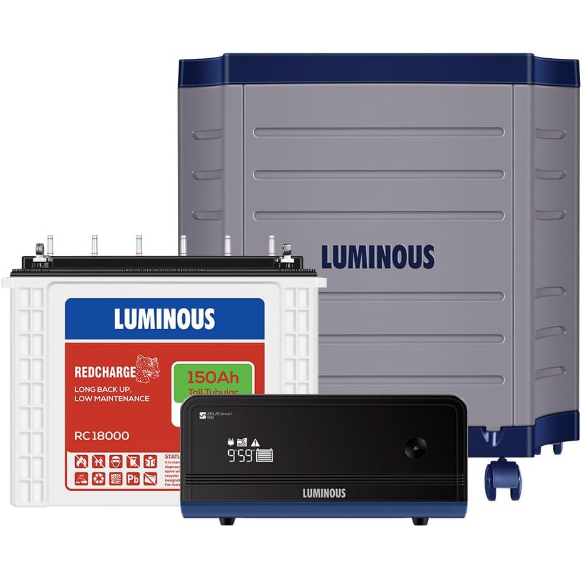 Luminous Inverter & Battery Combo with Trolley for Home, Shop & Office – Zelio+ 1100 (900VA/12V) Pure Sine Wave Inverter + RC18000 150Ah Tall Tubular Battery | 36M Warranty on Inverter & Battery
