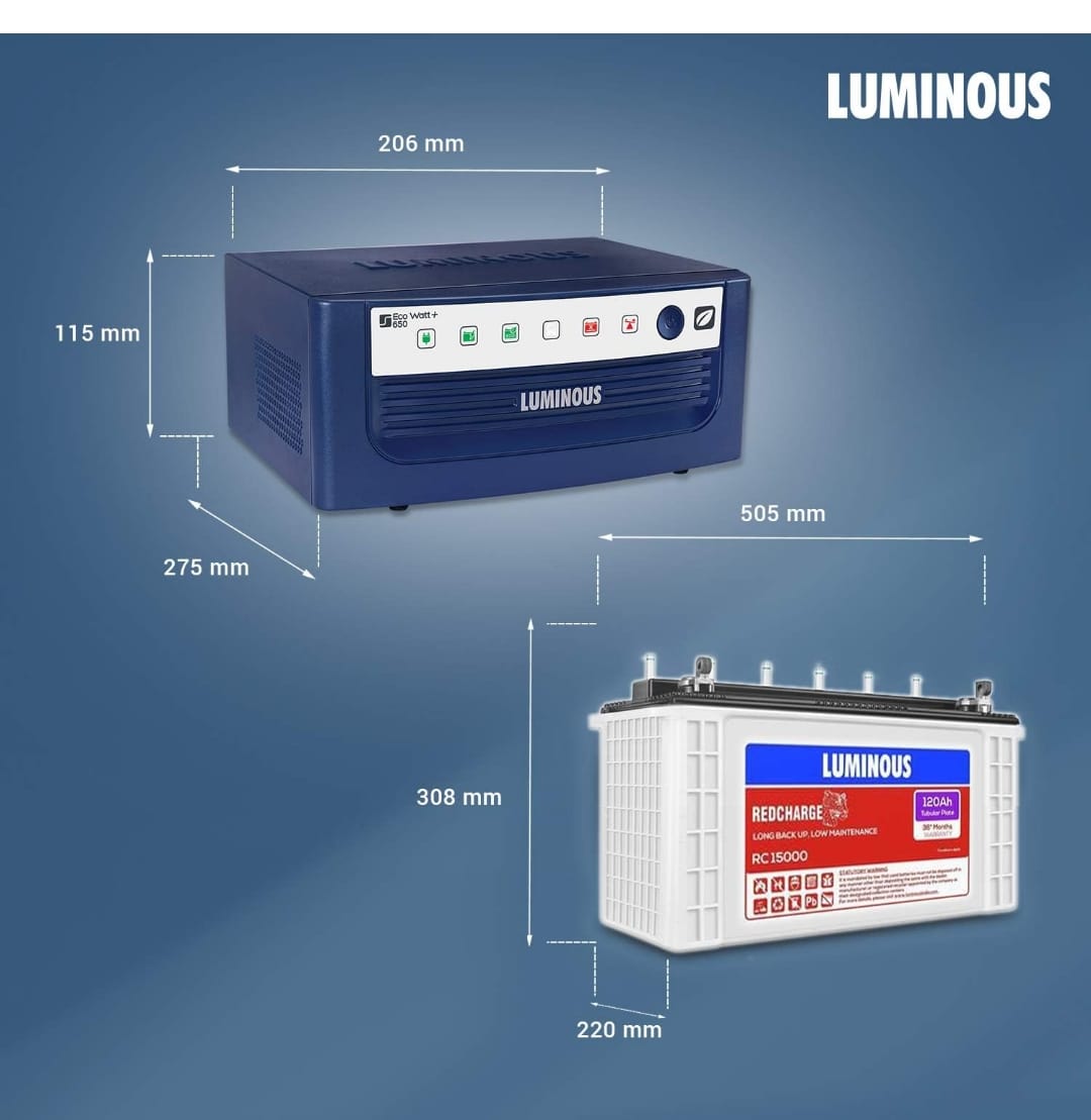 Luminous Inverter & Battery Combo (Eco Watt Neo 700 Square Wave 600VA/12V Inverter with Red Charge RC 15000ST Short Tubular 120Ah Battery) for Home, Office & Shops