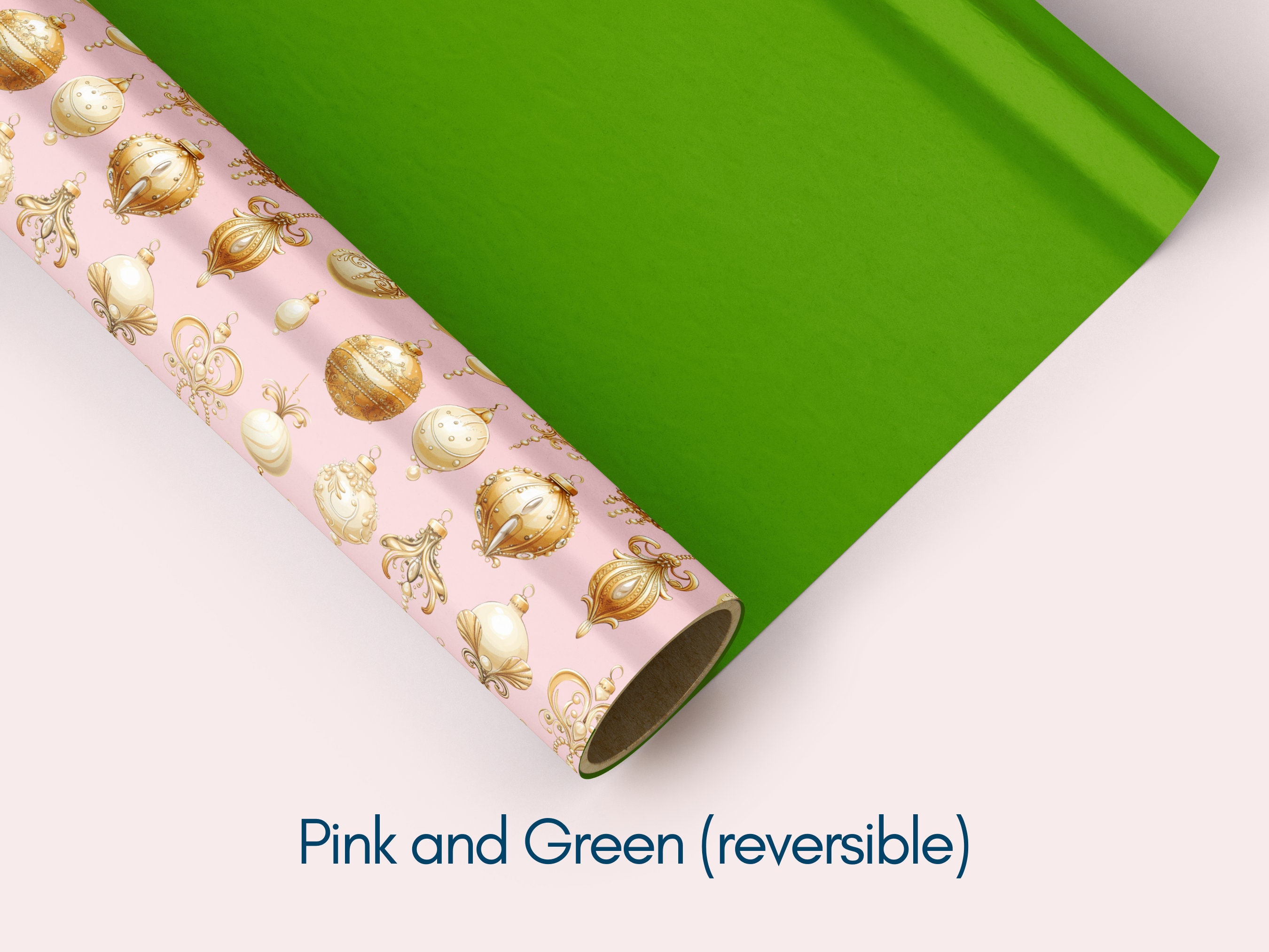 Luxury Christmas Wrapping Paper - Cream, Pink, Teal with Gold and Pearl Ornaments