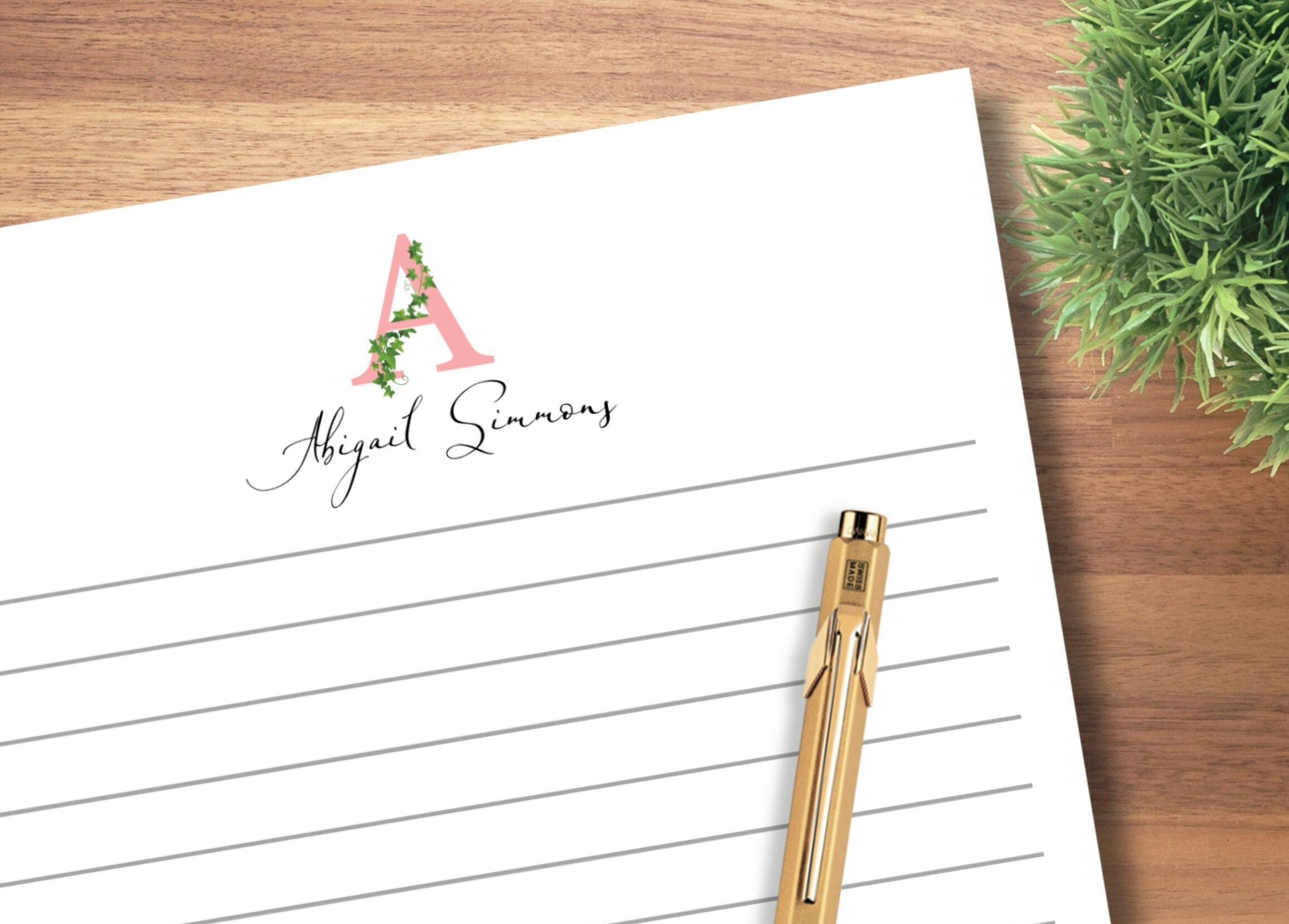 Personalized Pink Notepad with Green Ivy Letter Design - Elegant Desk Accessory