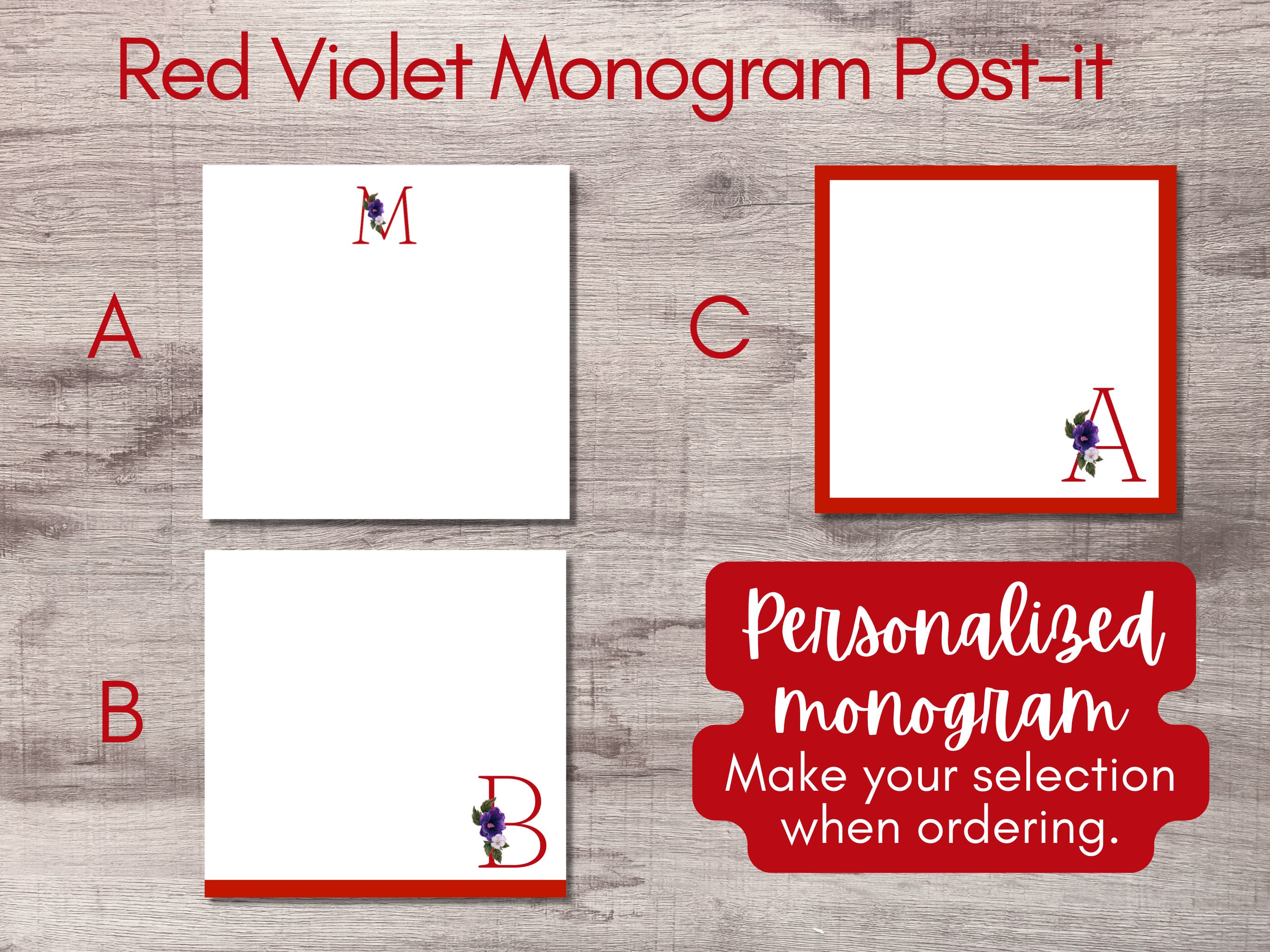 Personalized Sticky Notes - Red with African Violet Monogram Stationery