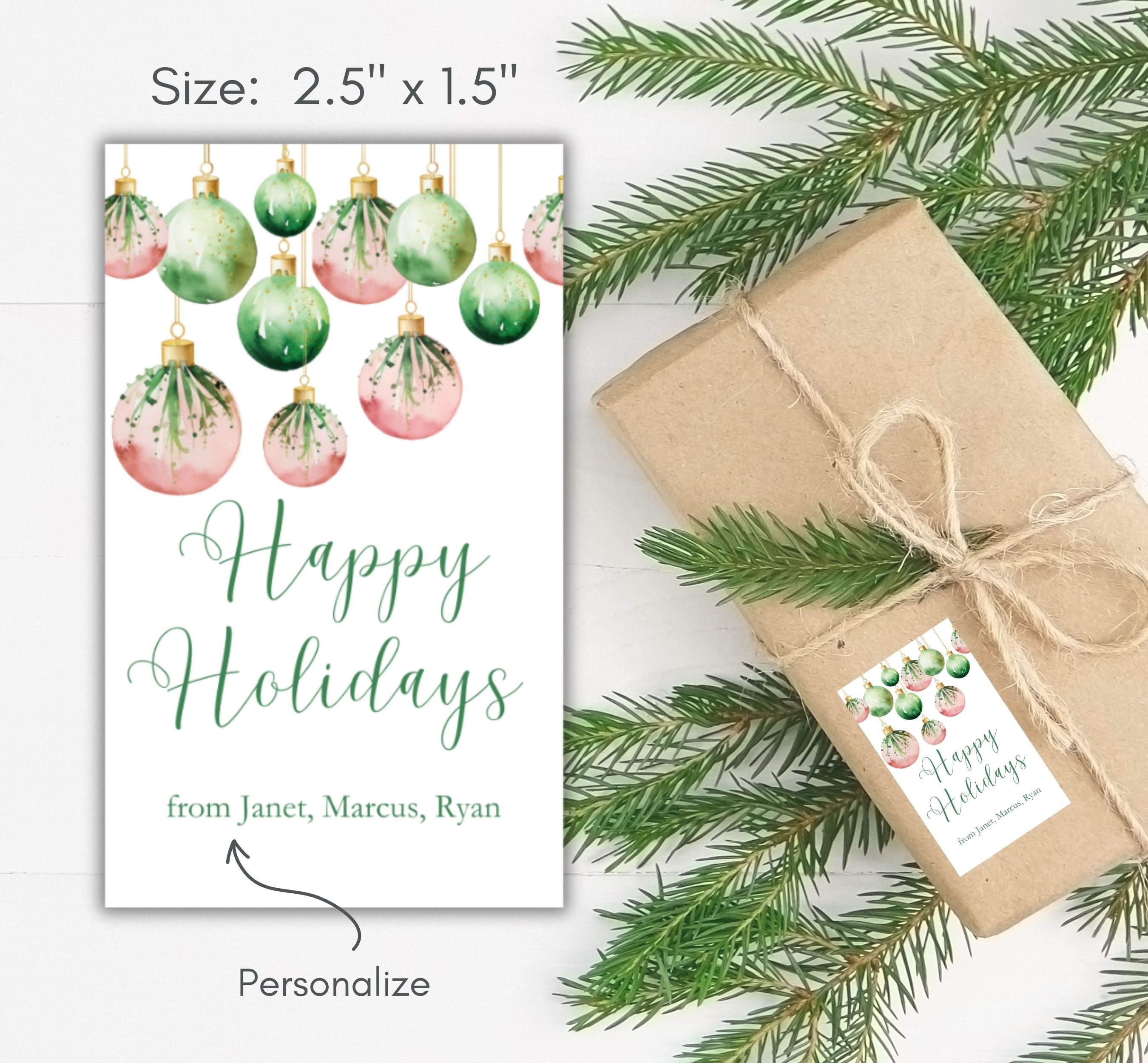 Pink and Green Happy Holiday Stickers - Personalized Gift Labels for Christmas