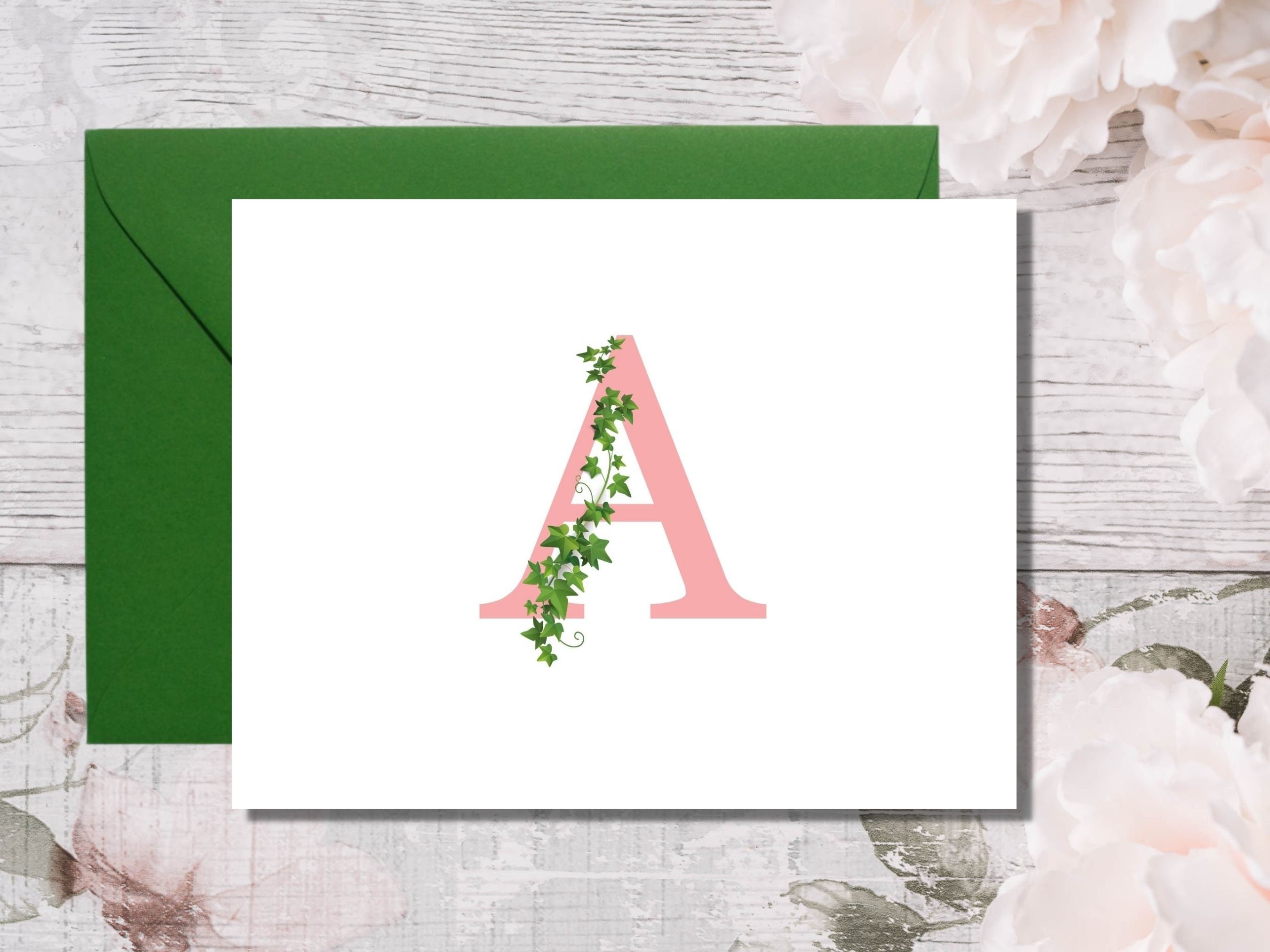 Pink and Green Monogram Notecards - Elegant Letter A Stationery