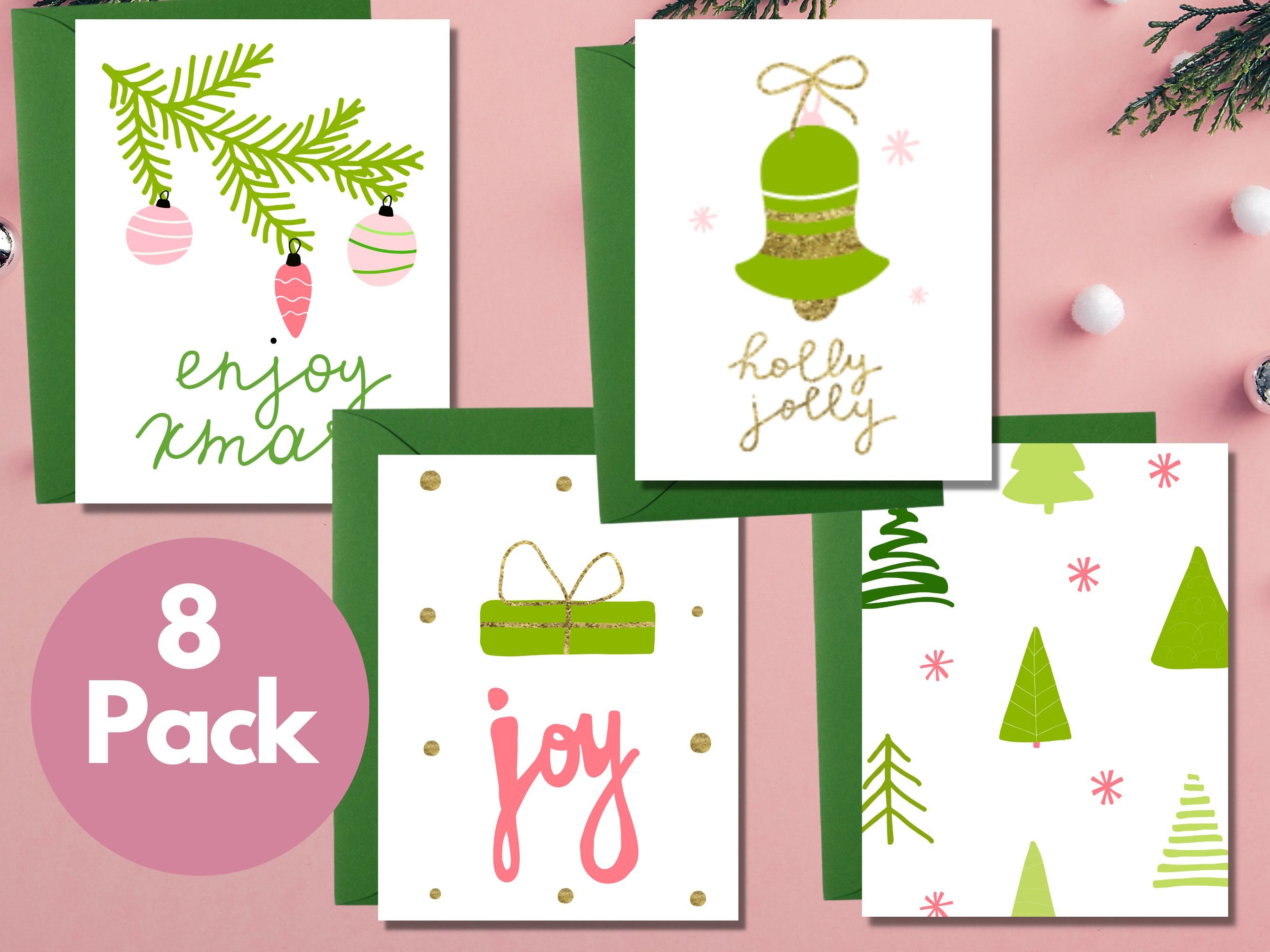 Holly Jolly Greetings - Pink and Green Holiday Cards Set
