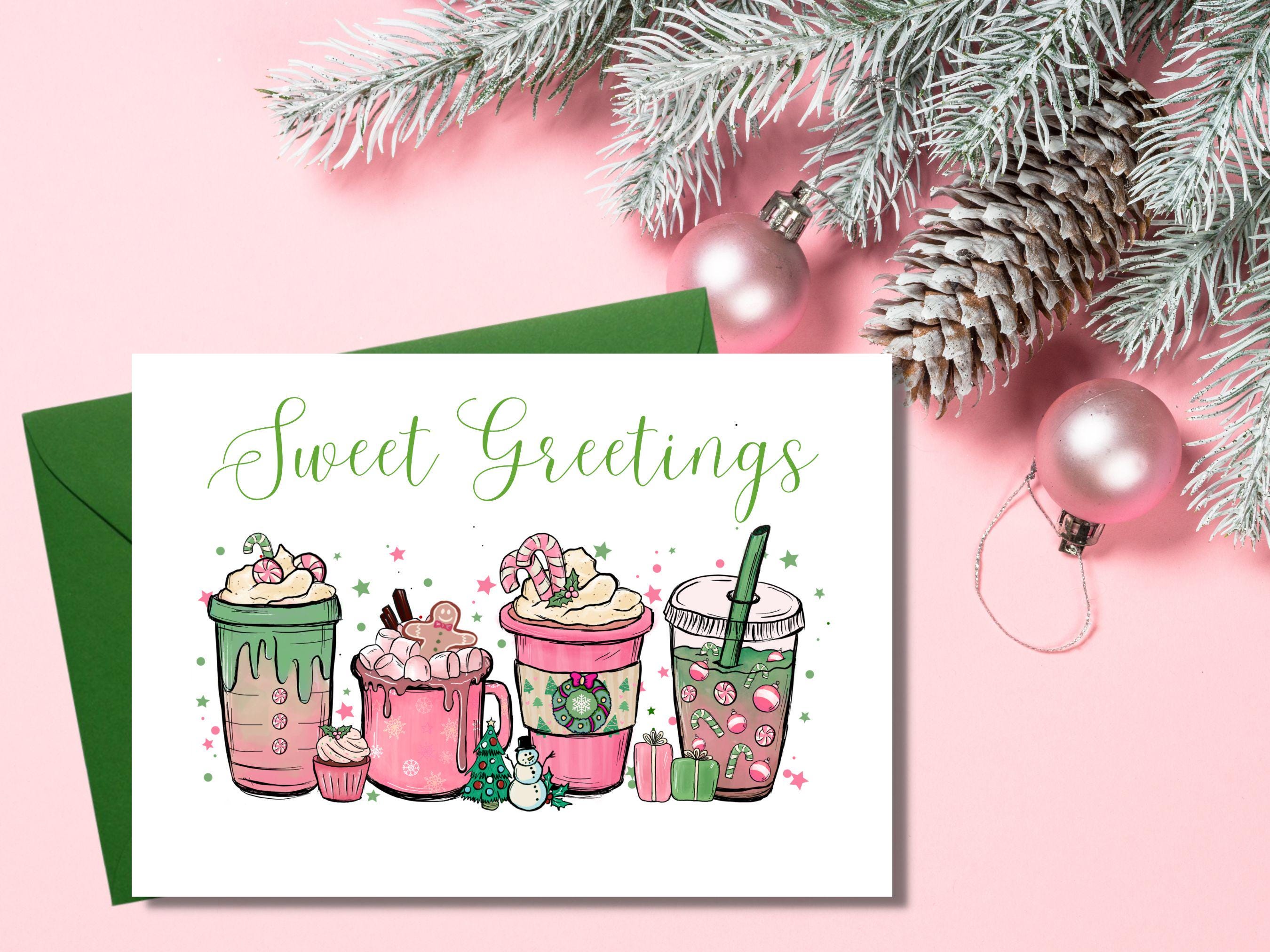 Pink and Green Christmas Card - Sweet Season's Greetings for Latte Lovers