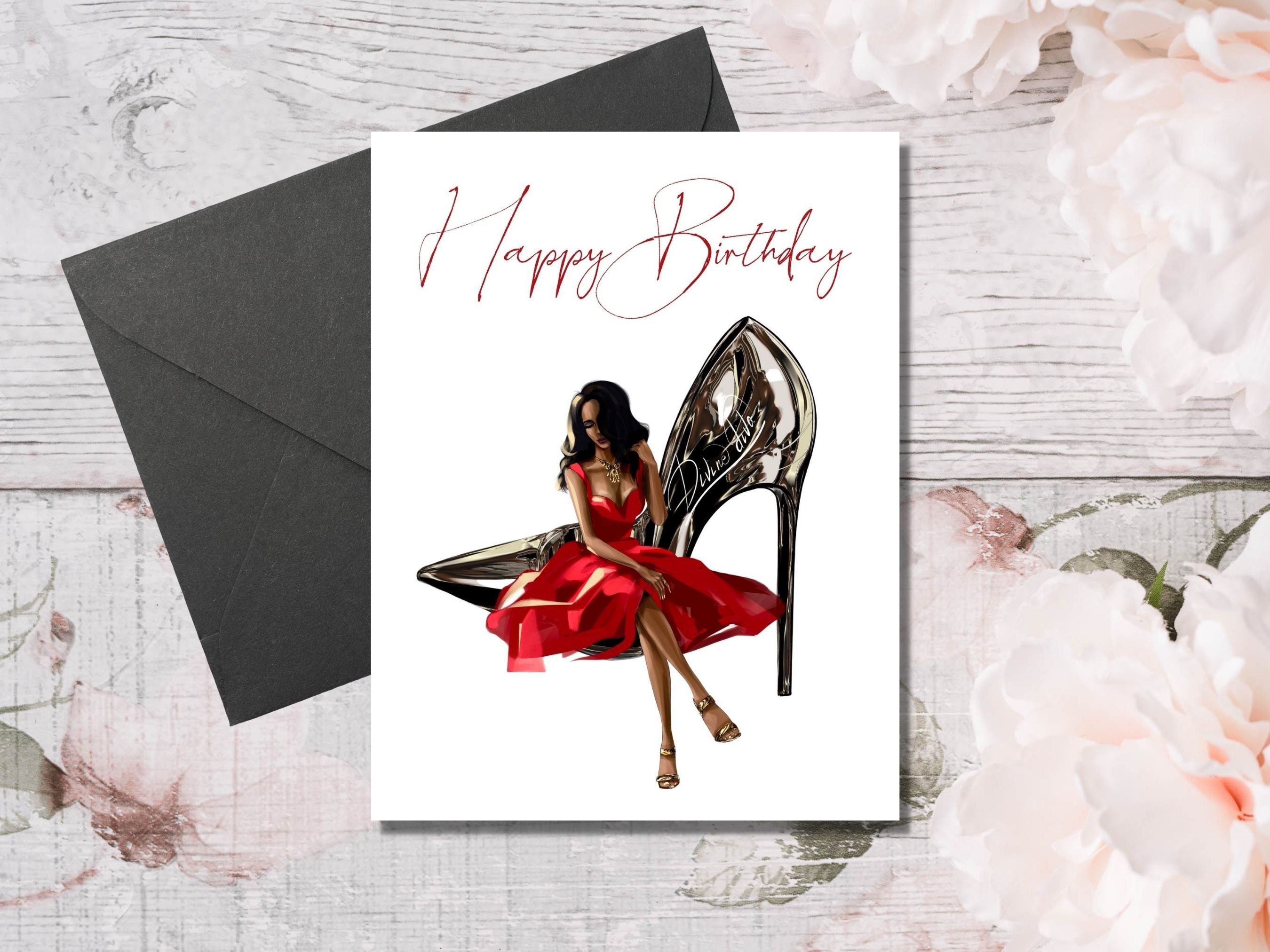 Fashionable Birthday Card - Elegant Black Woman in Red Dress for Empowerment and Celebration