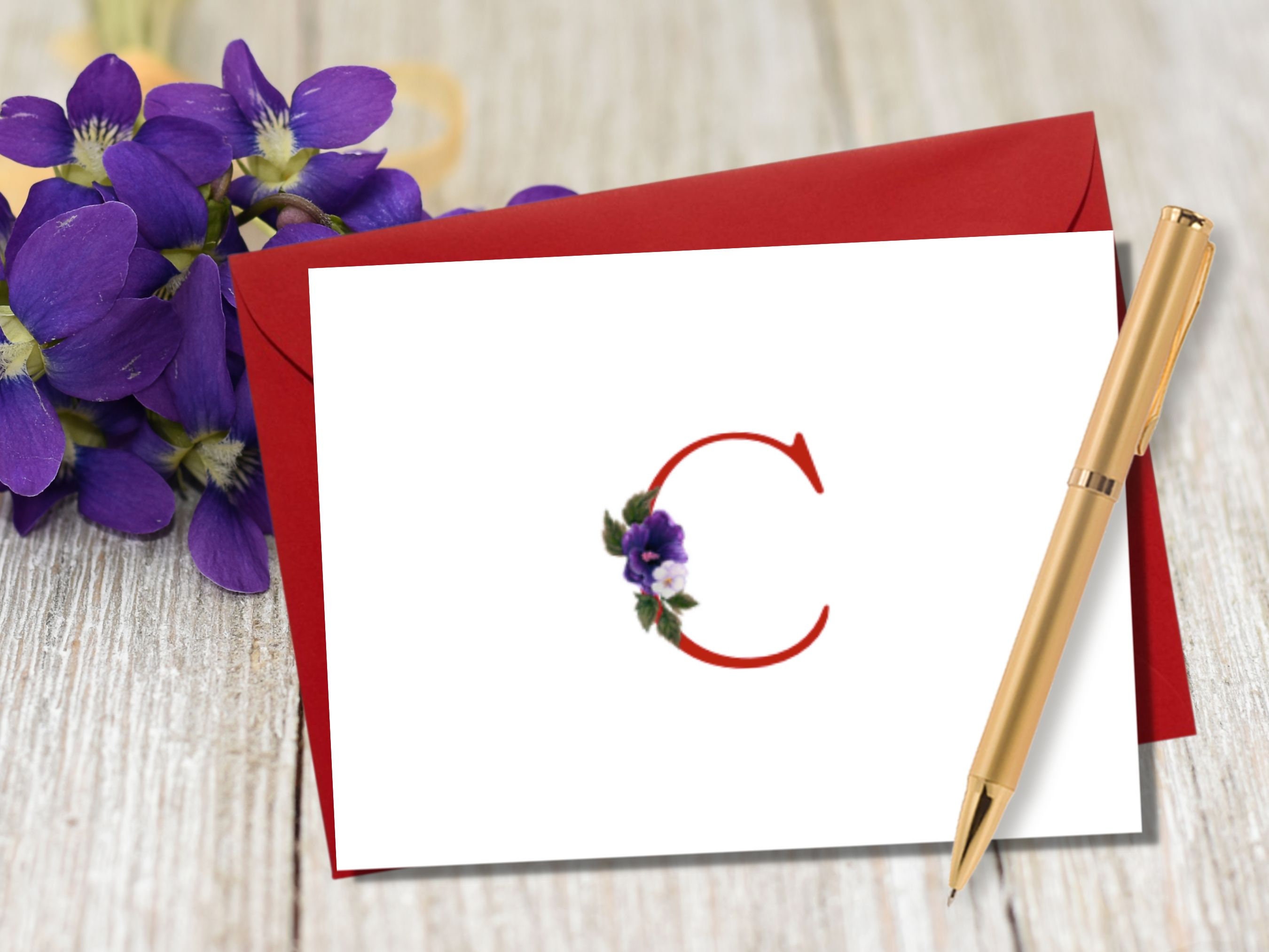 Red and African Violet Monogram Notecards - Elegant Stationery for Any Occasion