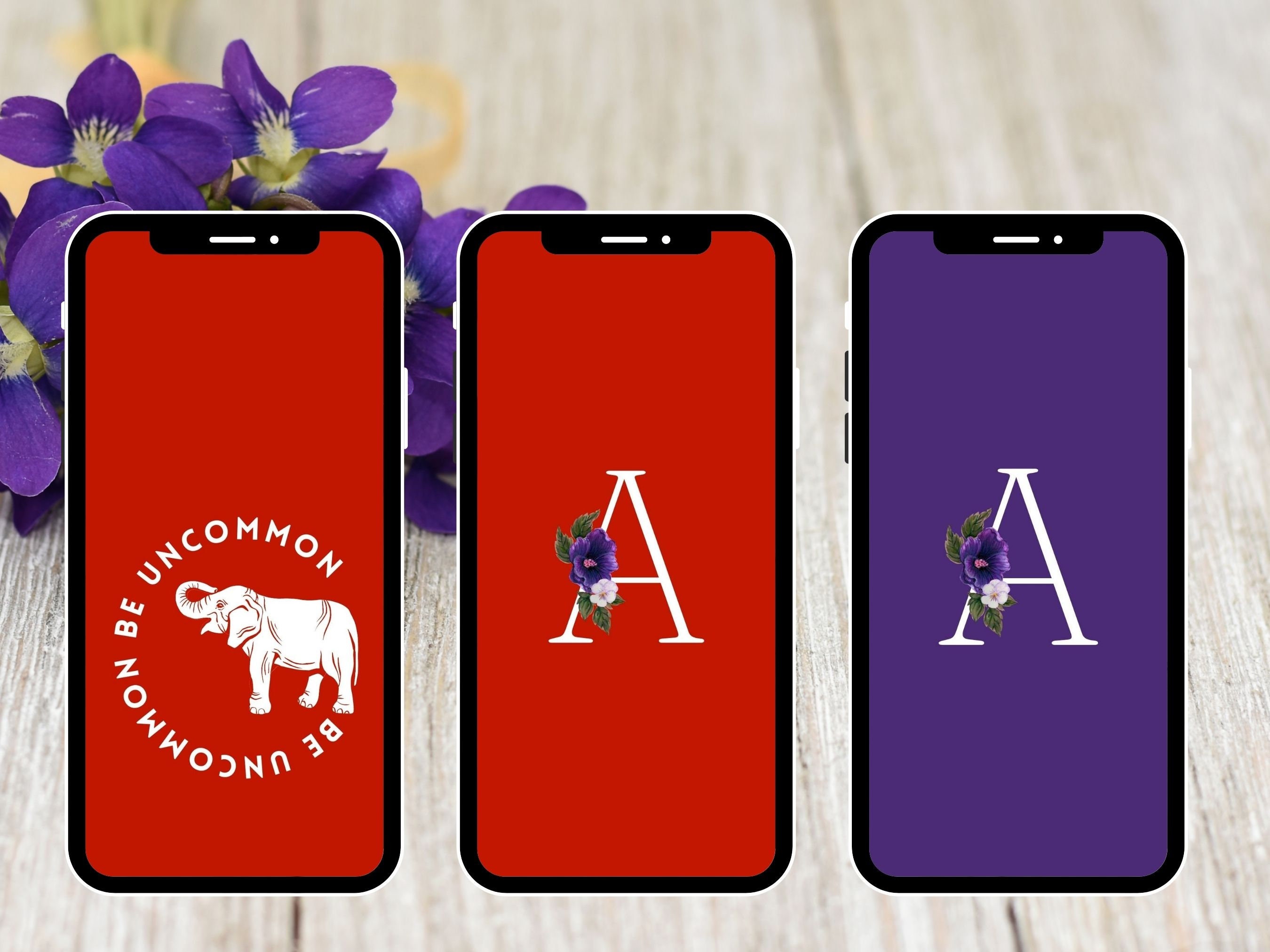 Letter A Red and Purple Monogram Phone Wallpaper - Floral Design with African Violets