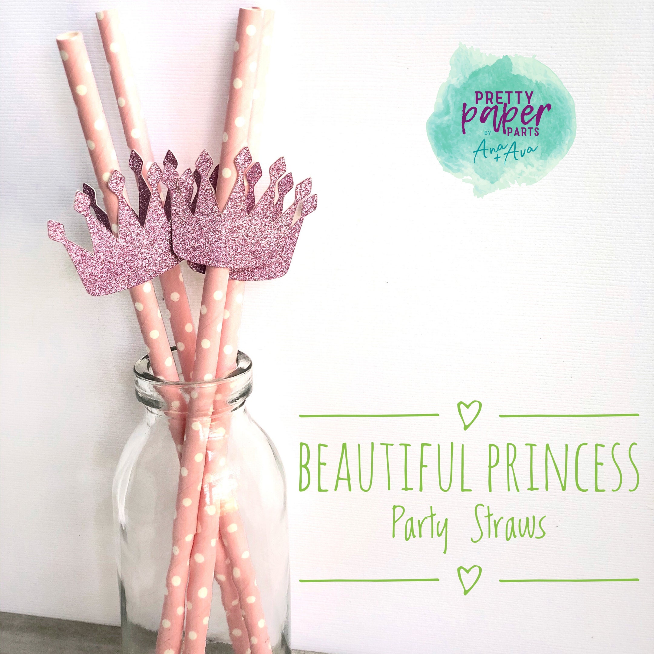 Pink Glitter Crown Theme Straws - 12 Dazzling Straws for Princess Birthdays & Baby Showers