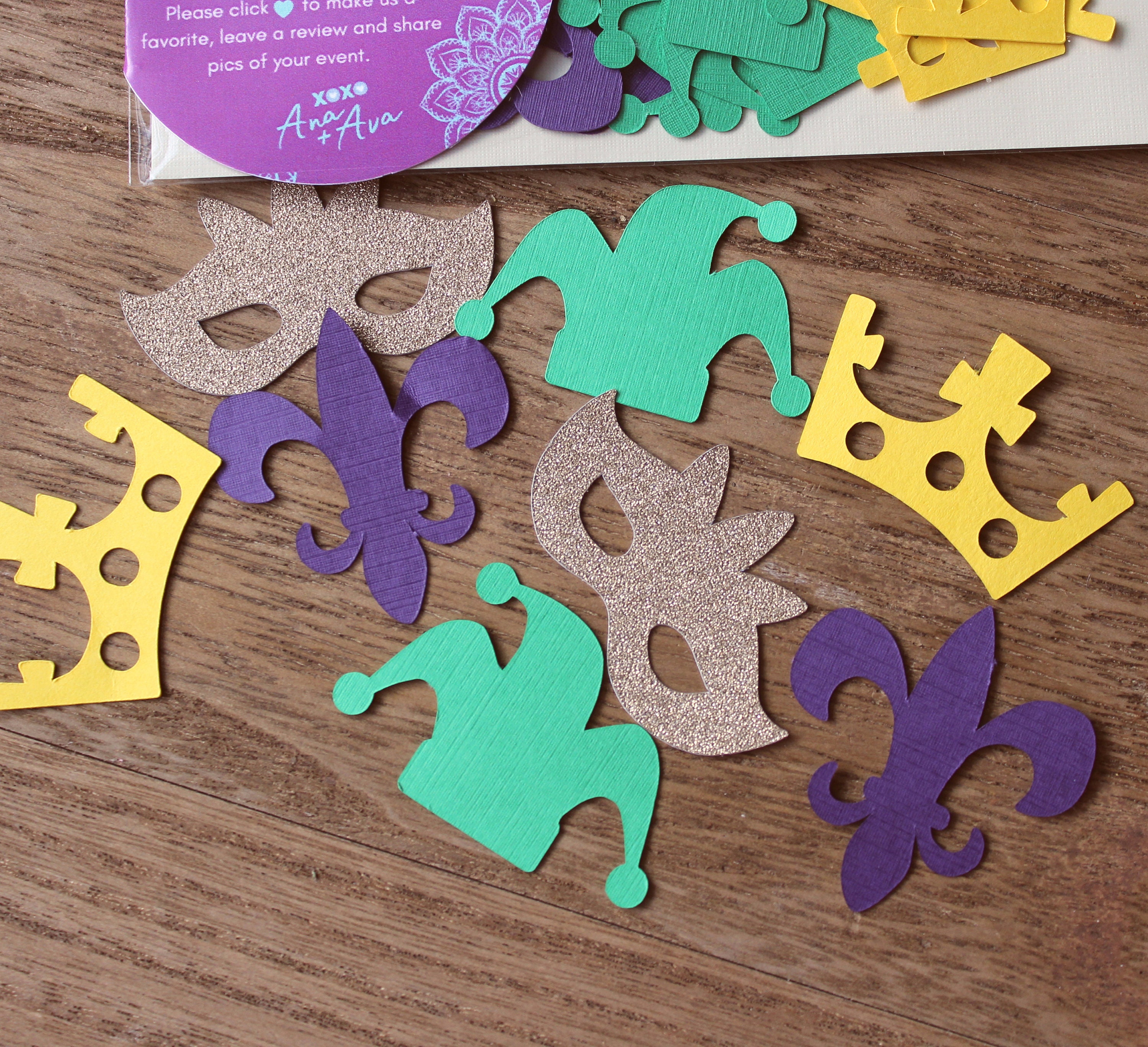 Vibrant Mardi Gras Confetti Set - Gold Masks, Yellow Crowns, Green Hats & Fleur-de-Lis Decorations
