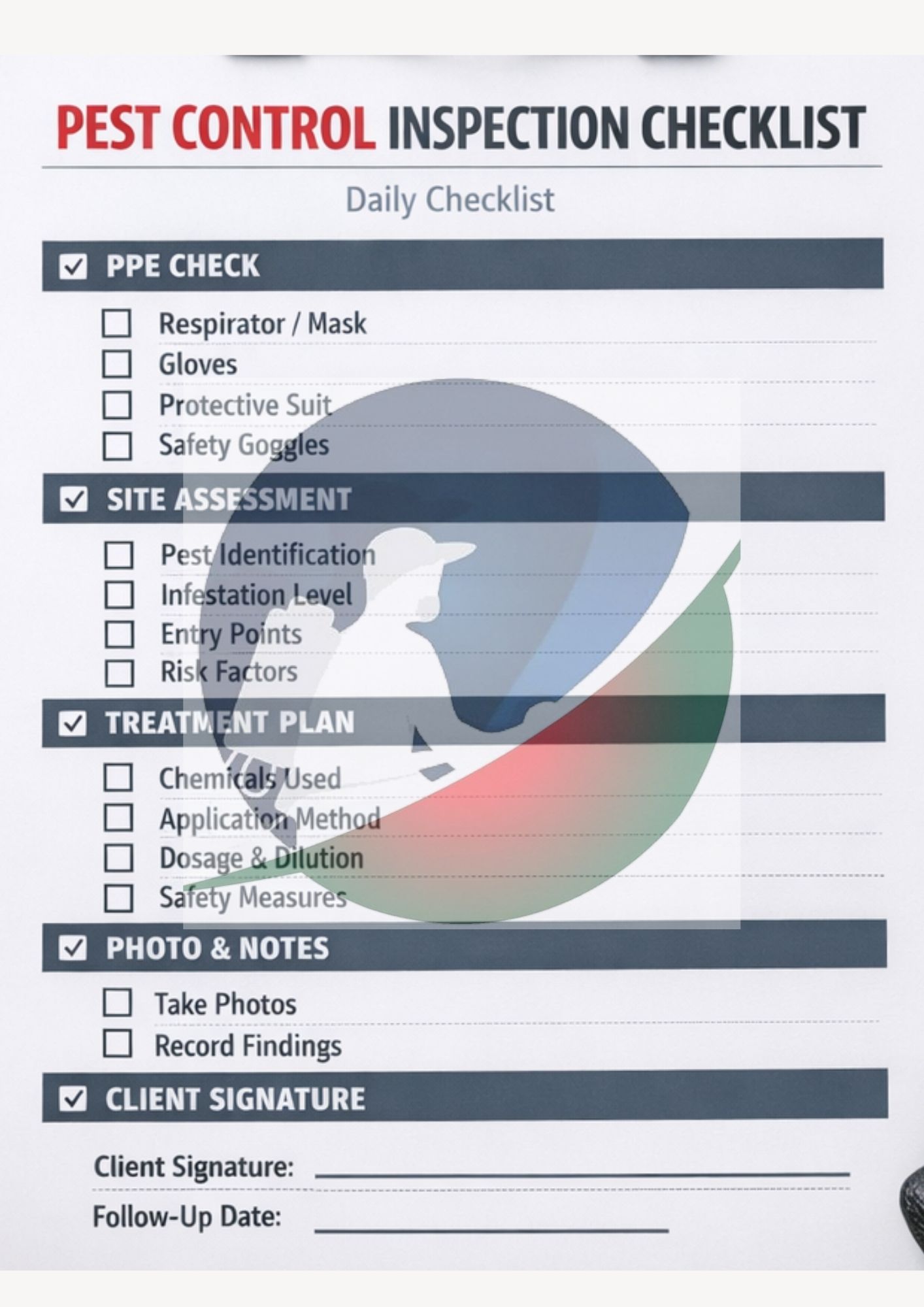 Pest Control Inspection Checklist Pad