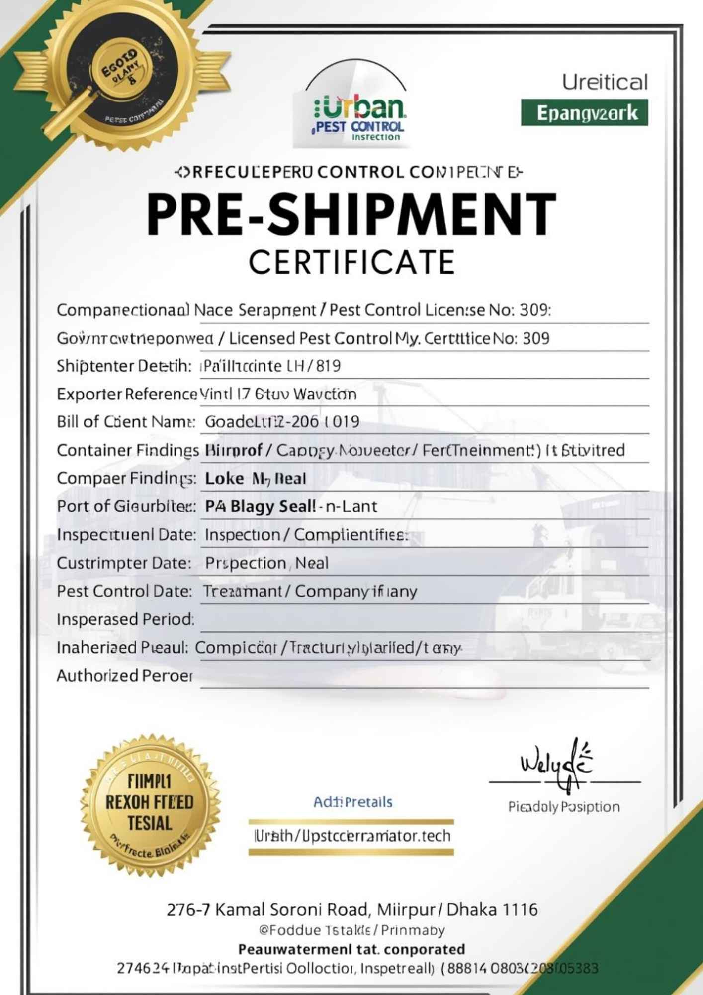 Pest Control Pre-Shipment Certificate