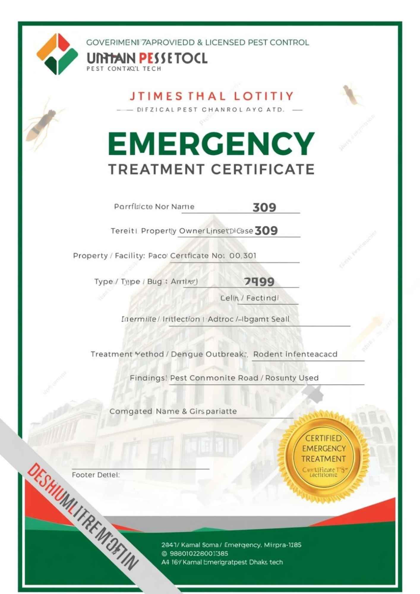 Emergency Pest Treatment Certificate