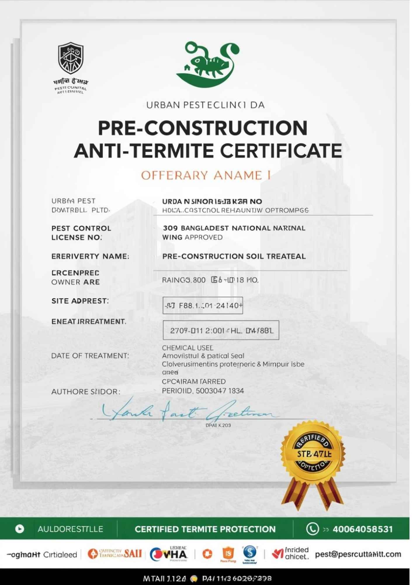 Pre-Construction Anti-Termite Certification