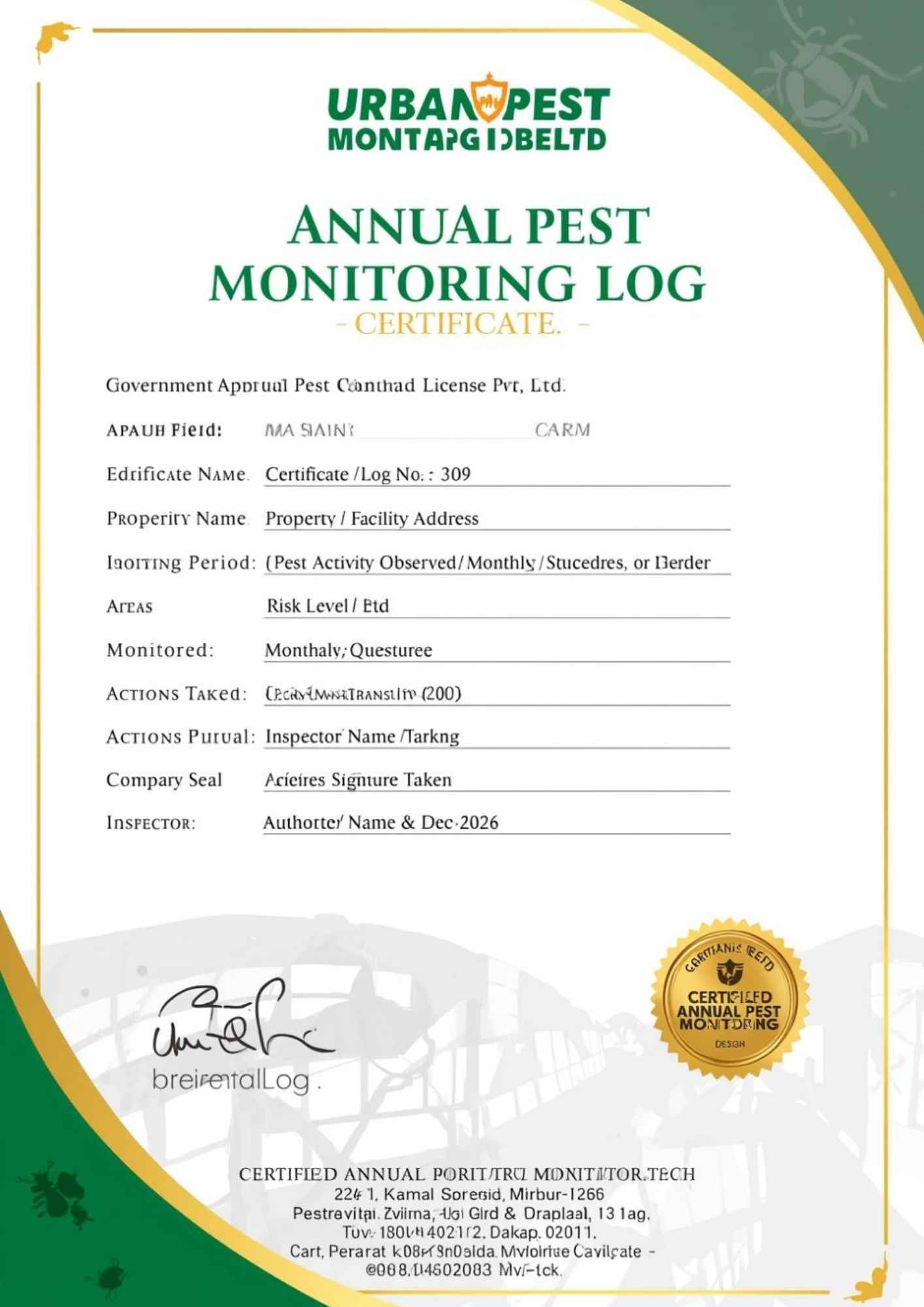 Annual Pest Monitoring Log Certificate