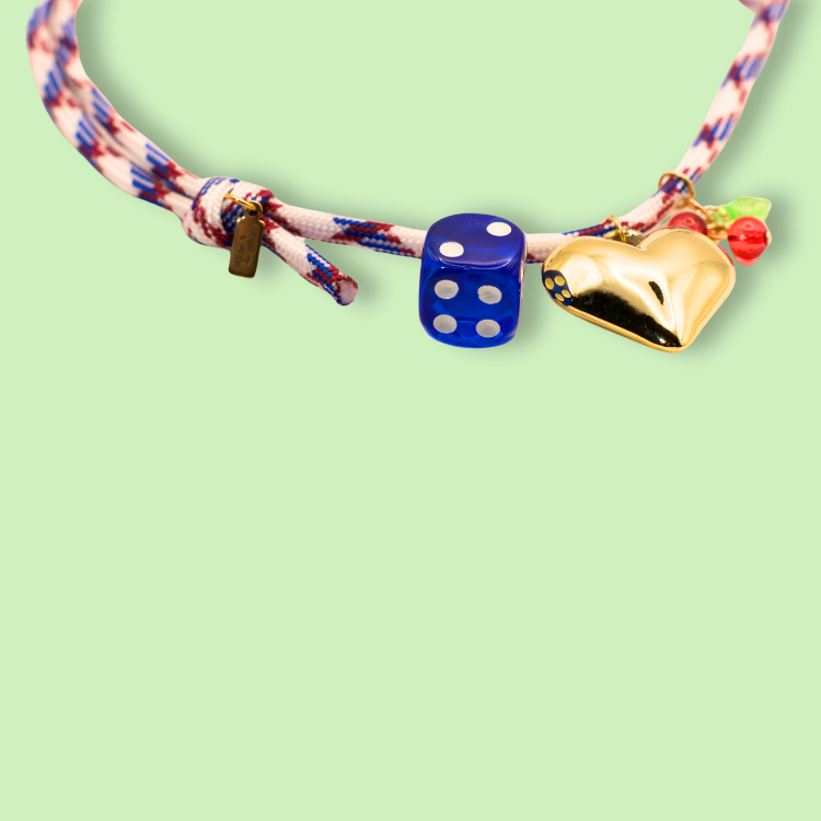 Braided Cord Golden Heart Dice Necklace
