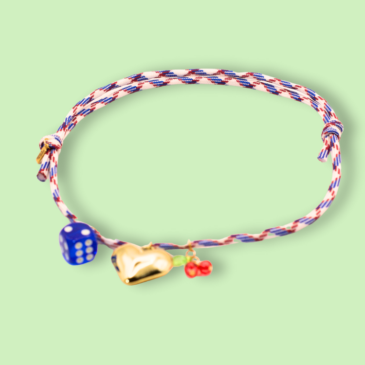 Braided Cord Golden Heart Dice Necklace