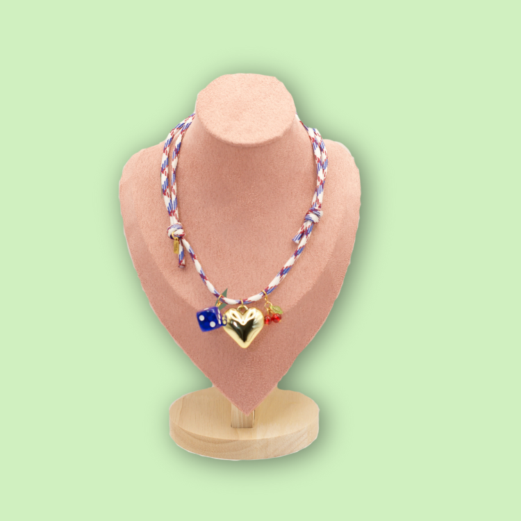 Braided Cord Golden Heart Dice Necklace