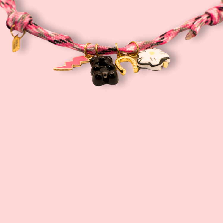 Pink Braided Cord Multi Charm Necklace