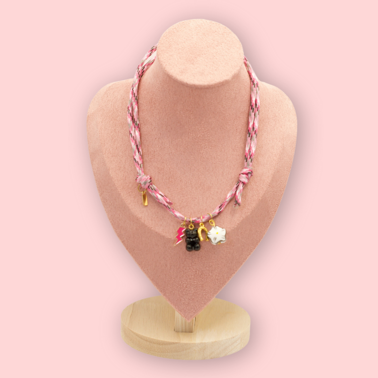 Pink Braided Cord Multi Charm Necklace