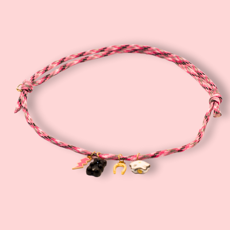 Pink Braided Cord Multi Charm Necklace