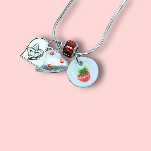 Strawberry Plate & Cat Heart Necklace
