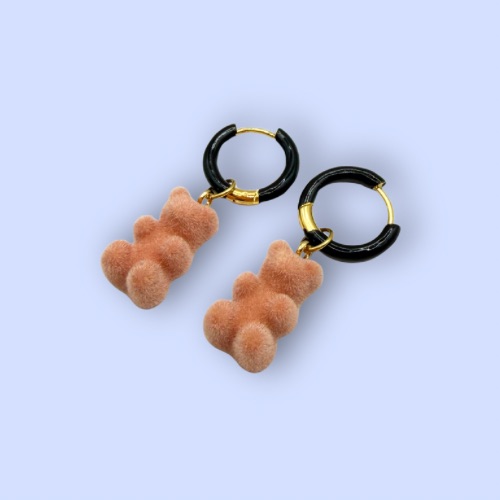 Pink Velvet Bear Hoop Earrings