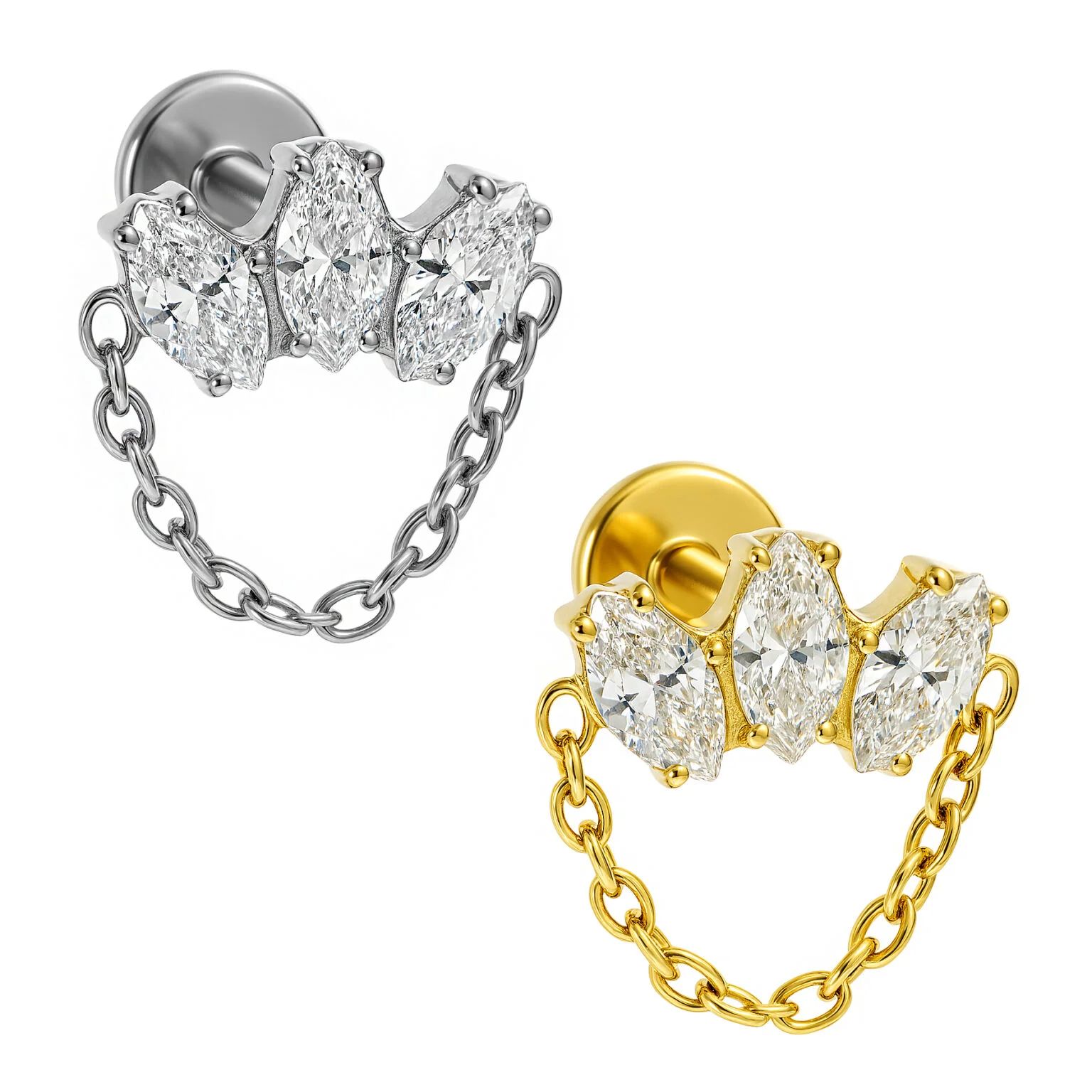 Piercing de orelha com corrente e zircônias
